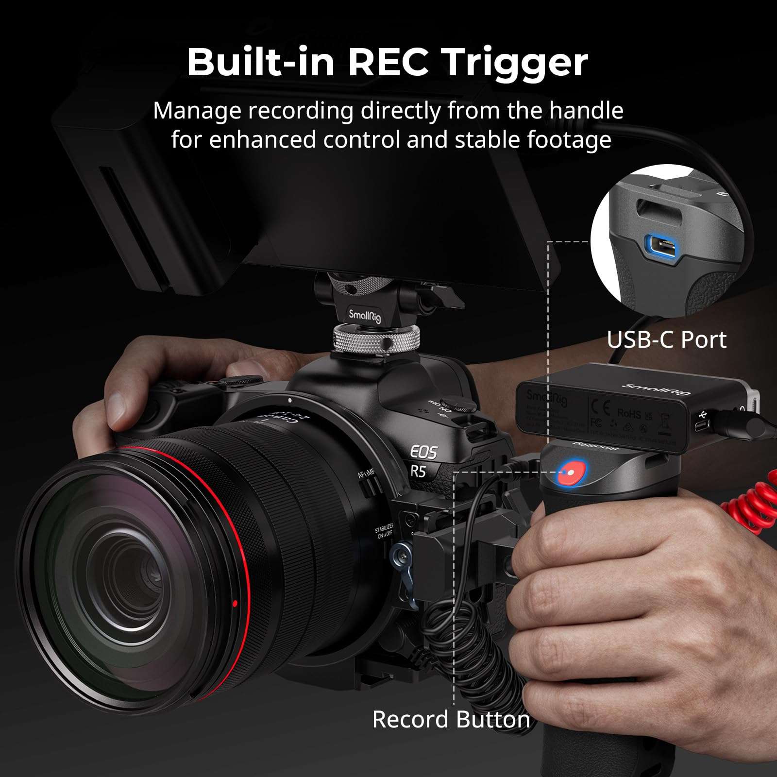 SMALLRIG Side Handle for Arca-Swiss with Recording Trigger, 3 Control Cable, Fit for Sony A7 III/ FX3/ A6600, for Canon R5II/ R5C, for FUJIFILM X-H2S/ X-T5, for Panasonic S5 II/ GH5-5694 4