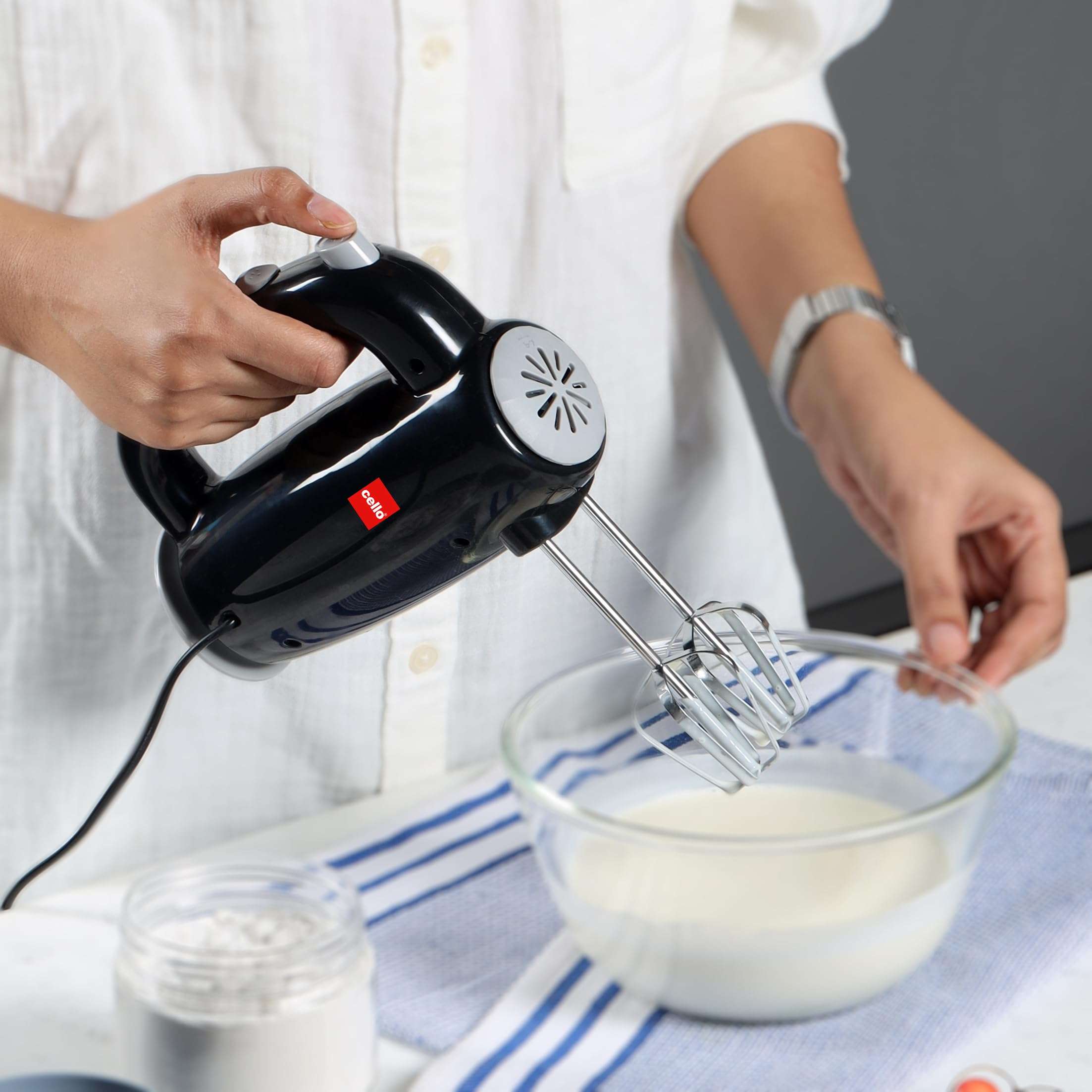 CELLO Besto Hand Beater Mixer 300 Watts Black | 5 Variable Speed Controls, Power Full Motor, One Touch & Unbreakable Stand, SS Beaters & Dough Hooks For Mixing Beating Kneading 1