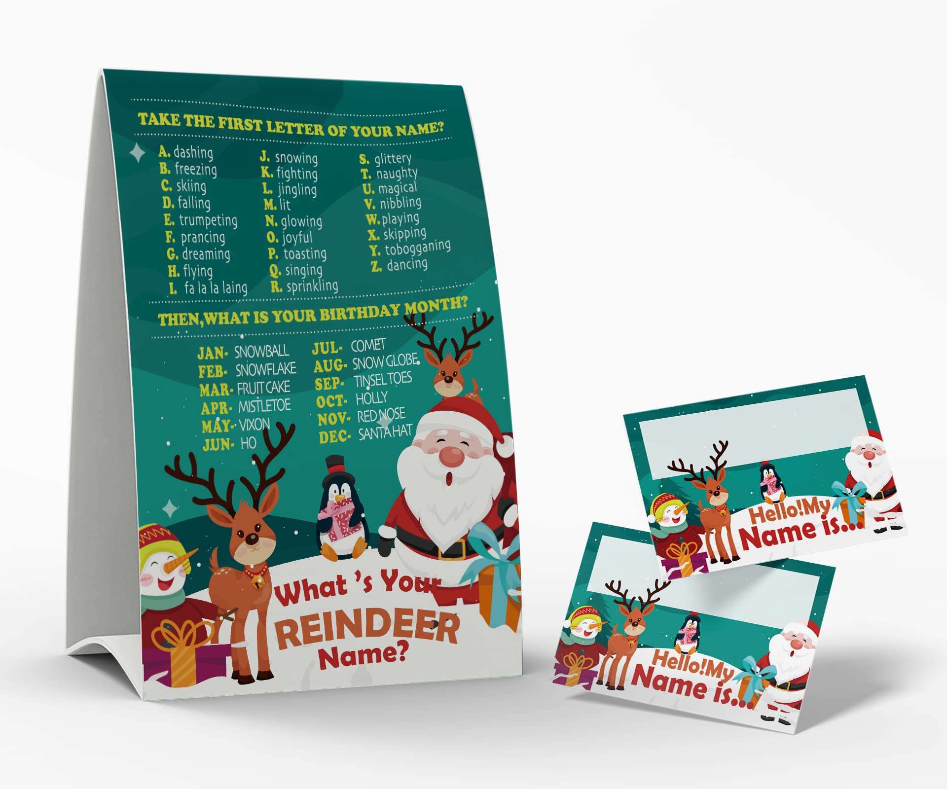 What's Your Reideer Name Game, 1 Reideer Theme Sign and 50 Name Tag Stickers, Christmas Party Games, Birthday Game for Kids and Adult Parties, Activity Game for Office or Class | JRKP011L 1