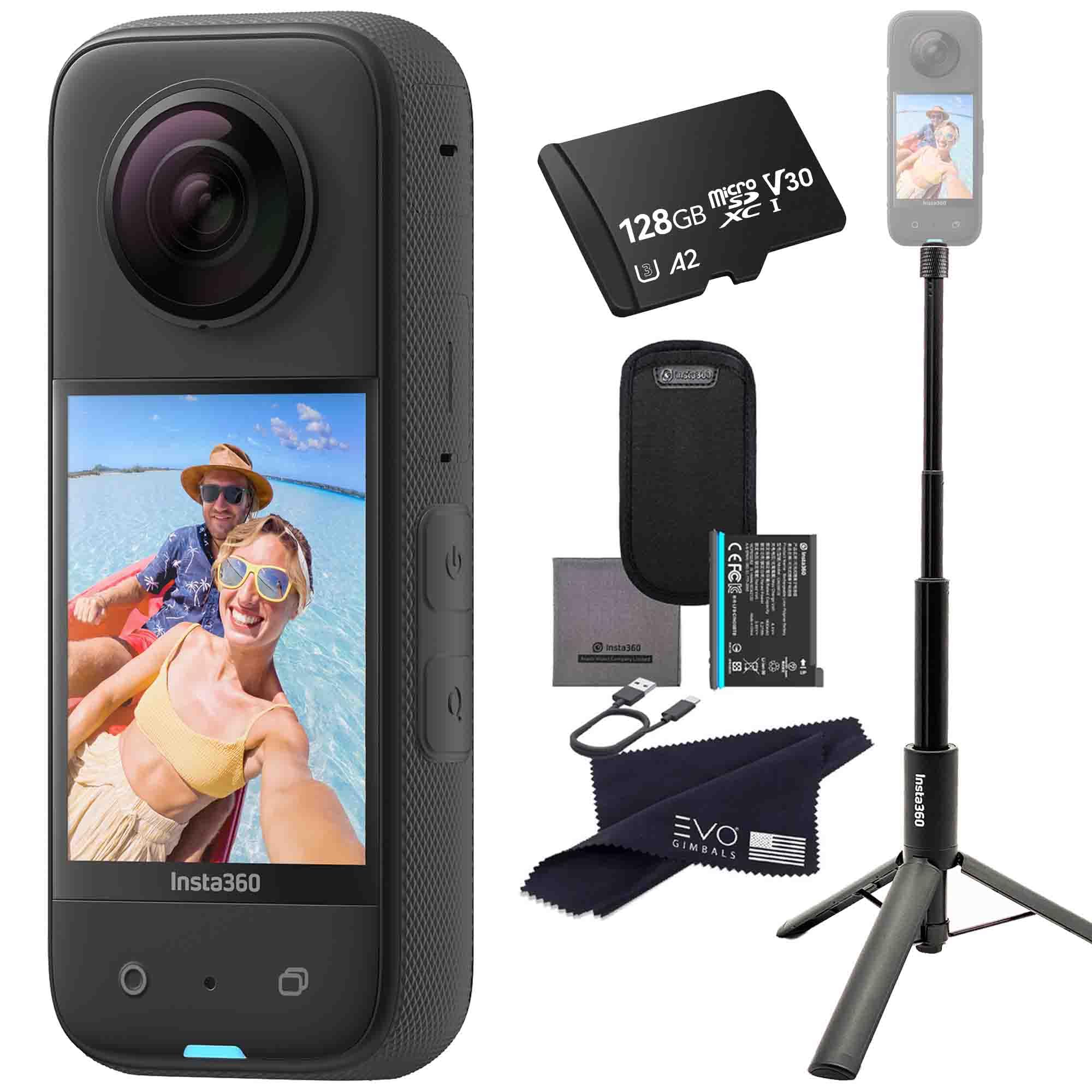 Insta360 X3 - Waterproof 360 Action Camera with 1/2" 48MP Sensors, 5.7K 360 HDR Video, 72MP 360 Photo, 4K Single-Lens, 60fps Me Mode, 2.29" Touchscreen, AI Editing |Bundle Includes 2-in-1&128GB