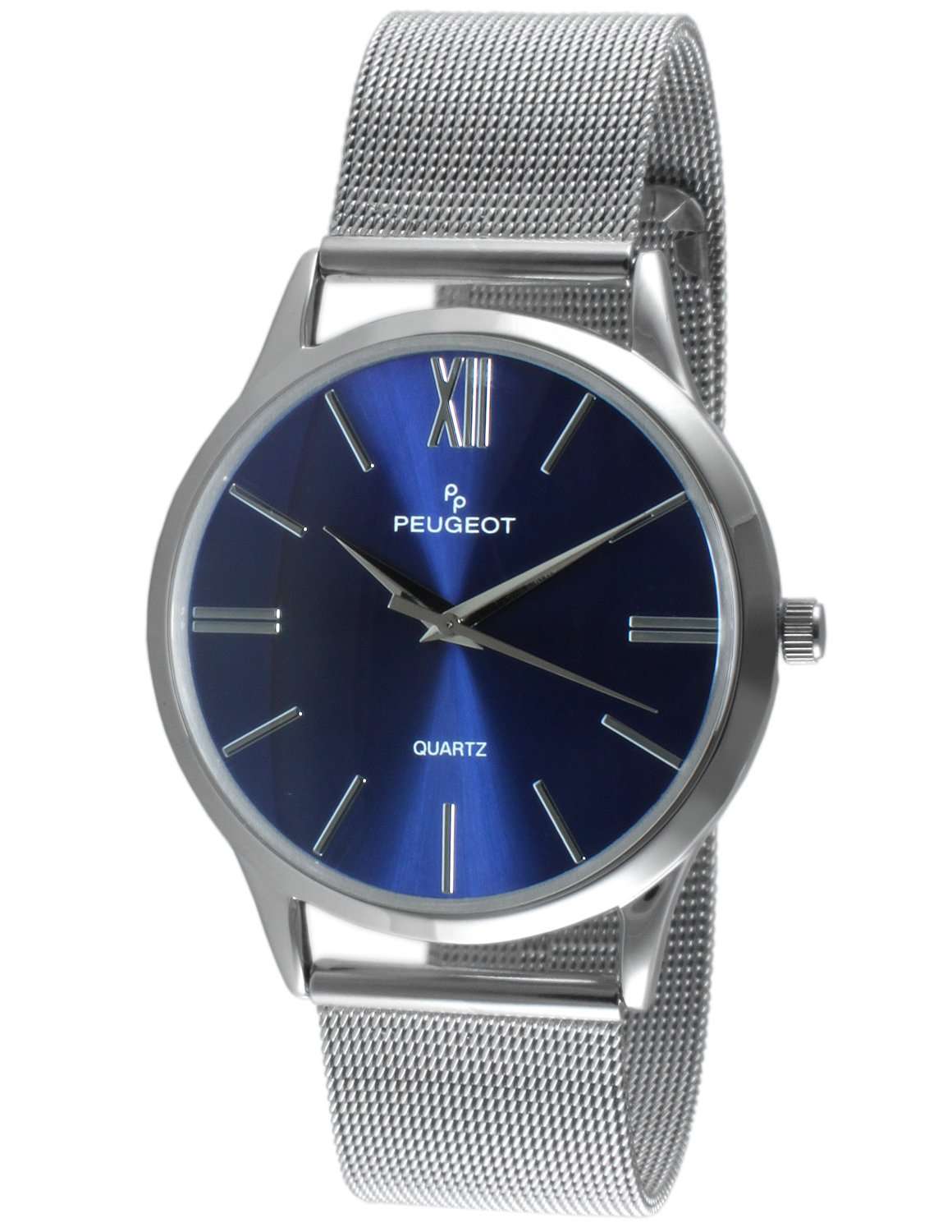 Peugeot Men's Stainless Steel Slim Case Watch with Mesh Band - Blue Dial 1