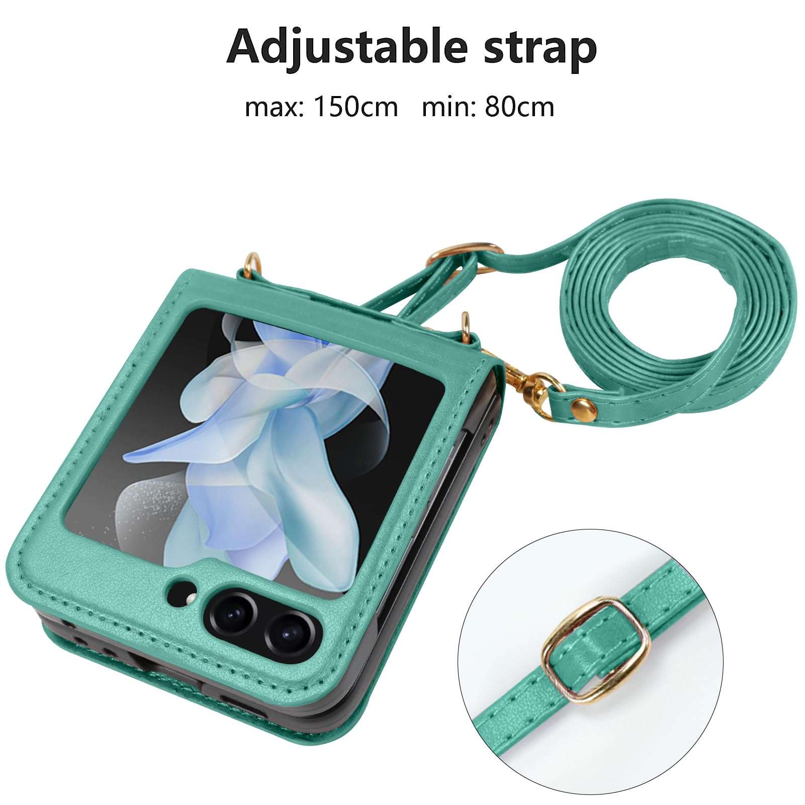 KANGHAR for Samsung Galaxy Z Flip 5 Case with Card Holder Lanyard Z Flip 5 Leather Wallet Case Adjustable Crossbody Strap Protective Phone Case for Galaxy Z Flip 5 - Green 3