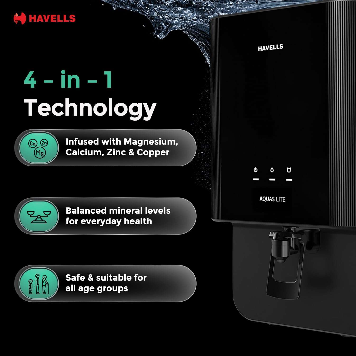 Havells Aquas Lite Water Purifier, UV + UF Purification, 7-stages, 7L Storage, Ideal for Borewell, Tanker & Municipal Water, Significant water savings, BIS Approved, Black 5