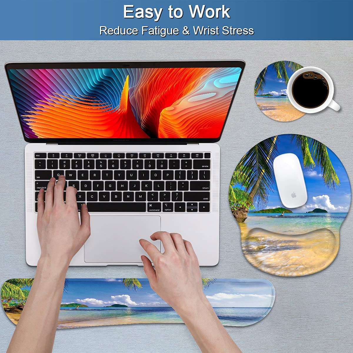 Keyboard Wrist Rest and Mouse Pad Wrist Support Set with Coasters, Non-Slip PU Base Ergonomic Gaming Mousepad for Home Office Working Studying Easy Typing & Pain Relief, Shore Palms Tropical Beach 4