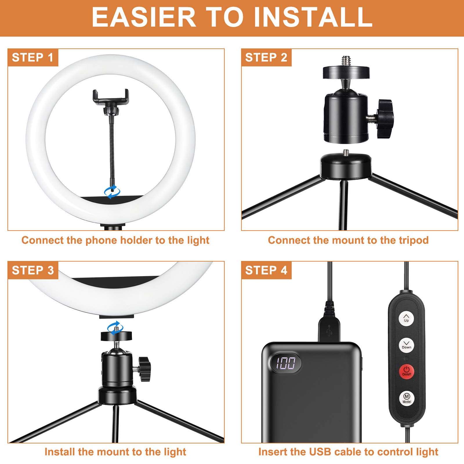 PEHESHE Ring Selfie LED Light 10" with Tripod Stand & Phone Holder Mini Dimmable Circle Light for Live Stream/Tiktok/YouTube/Makeup/Photography/Video 3 Light Modes 10 Brightness Level with Remote 3