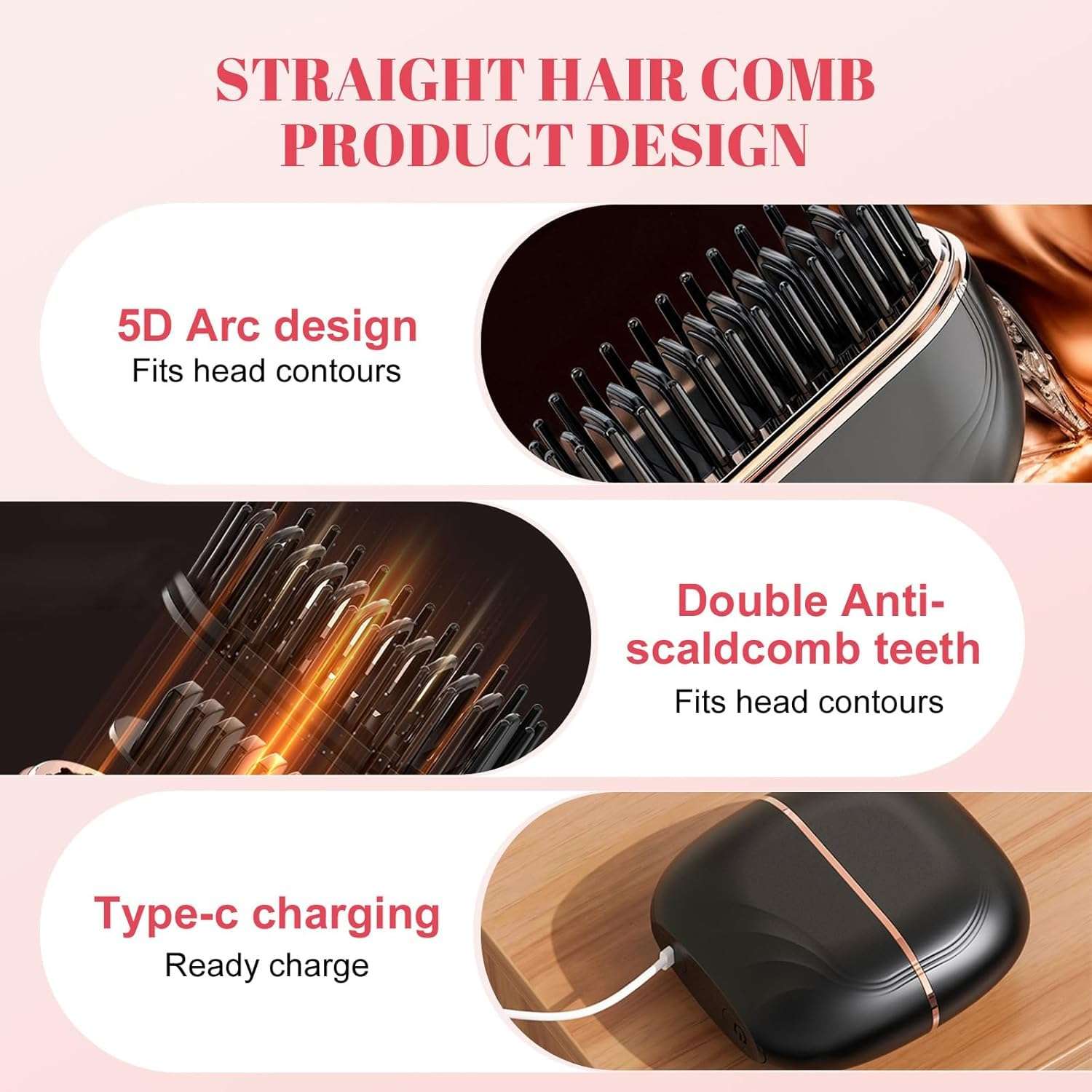 TCCO Mini Cordless Hair Straightener Brush, Rechargeable Portable Hair Straightener Comb with Fast Heating, Anti-Scald Design & Negative Ion, Lightweight Wireless Brush for Travel & All Hair Types 4