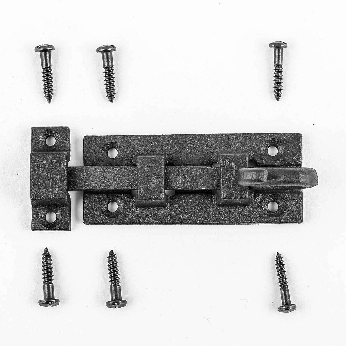Renovators Supply Manufacturing Black Slide Bolt Door Latch 3 7/8 in. Long Wrought Iron Metal Surface Sliding Bolts with Catch for Cabinet Doors Rust Resistant Security Locks with Hardware Pack of 4 5