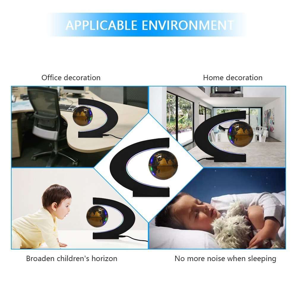 Floating Globe, Arvin Magnetic Levitation Globe Rotating Globe Educational Learning Geographic Political World Map with Funny C Shape Desktop Stand and LED Light for Home School Desk Office Décor Gold 3