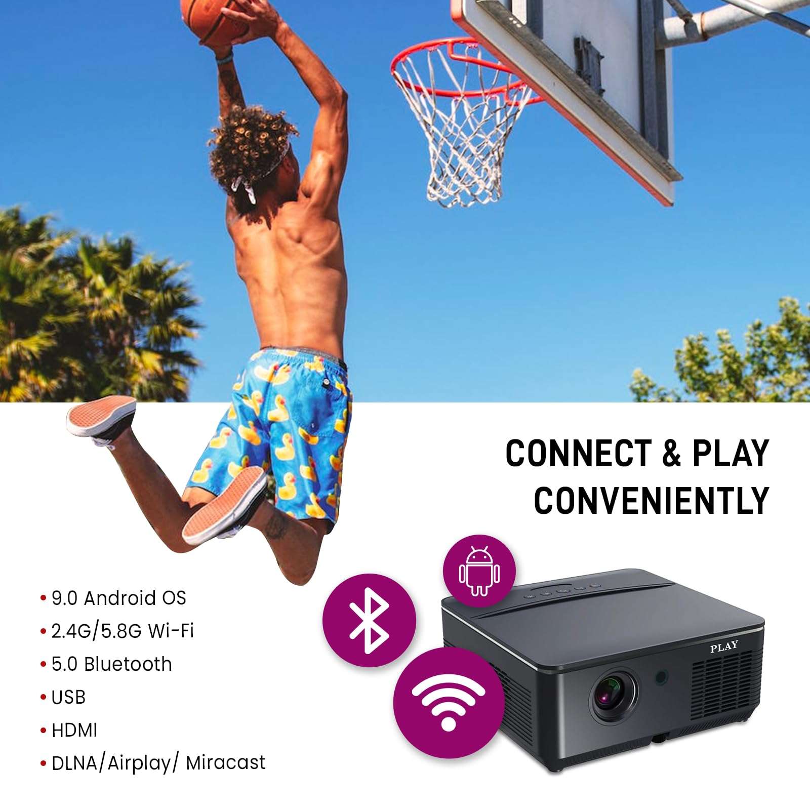PLAY DLP-7 3D Active Smart DLP LED 4k Projector with Latest Android, High Brightly Brightness with Higher Resolution Crystal Clear Big Cinematic Display & Inbuilt All Functions for Smart connectivity 3
