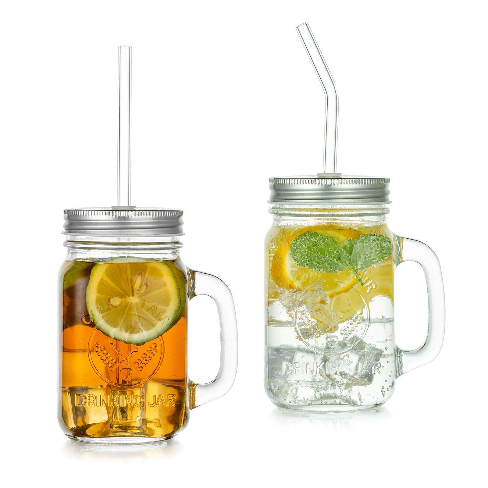 2PCS Mason Jar Lids 17OZ Straw Hole with 3 Reusable Glass Straw, 1 Cleaning Brush Mason Jar Drinking Lids and Straw Boba Cups Coffee Mug Wide Mouth Mason Jars 1