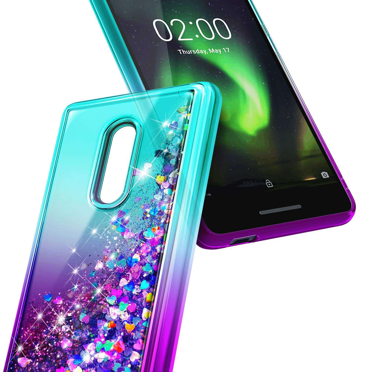 NZND Case for Nokia C2 Tava/Nokia C2 Tennen (Cricket Wireless) with Tempered Glass Screen Protector (Full Coverage), Glitter Liquid Floating Waterfall Durable Girls Cute Phone Case Cover -Aqua/Purple 2