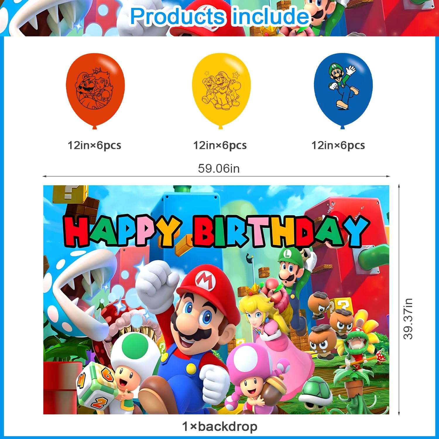 Super Bros Birthday Party Decoration,Super Brothers Party Photo Background 5 x 3 FT and 18 Pcs Balloon,Girl Merch Party Backdrop Supplies 3