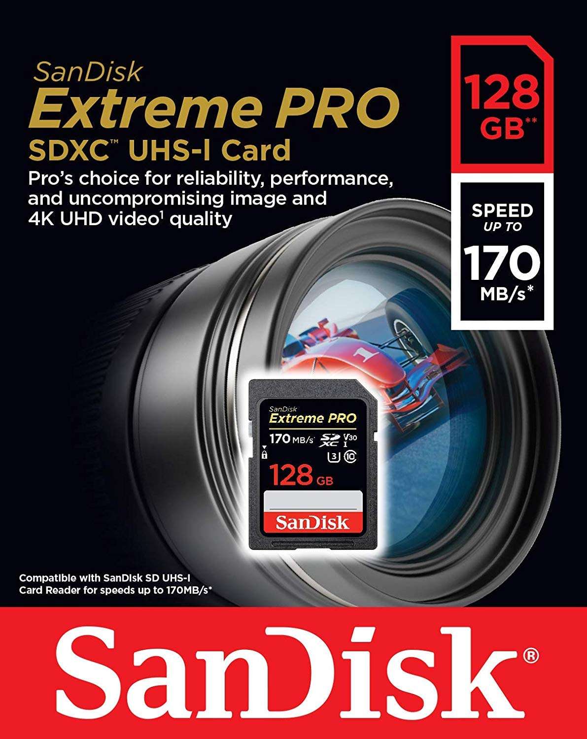 SanDisk 128GB SD Extreme Pro Memory Card Works with Fujifilm GFX 100S, X-E4, X-S10 Digital Camera 4K Class 10 (SDSDXXY-128G-GN4IN) Bundle with (1) Everything But Stromboli 3.0 SDXC Memory Card Reader 2