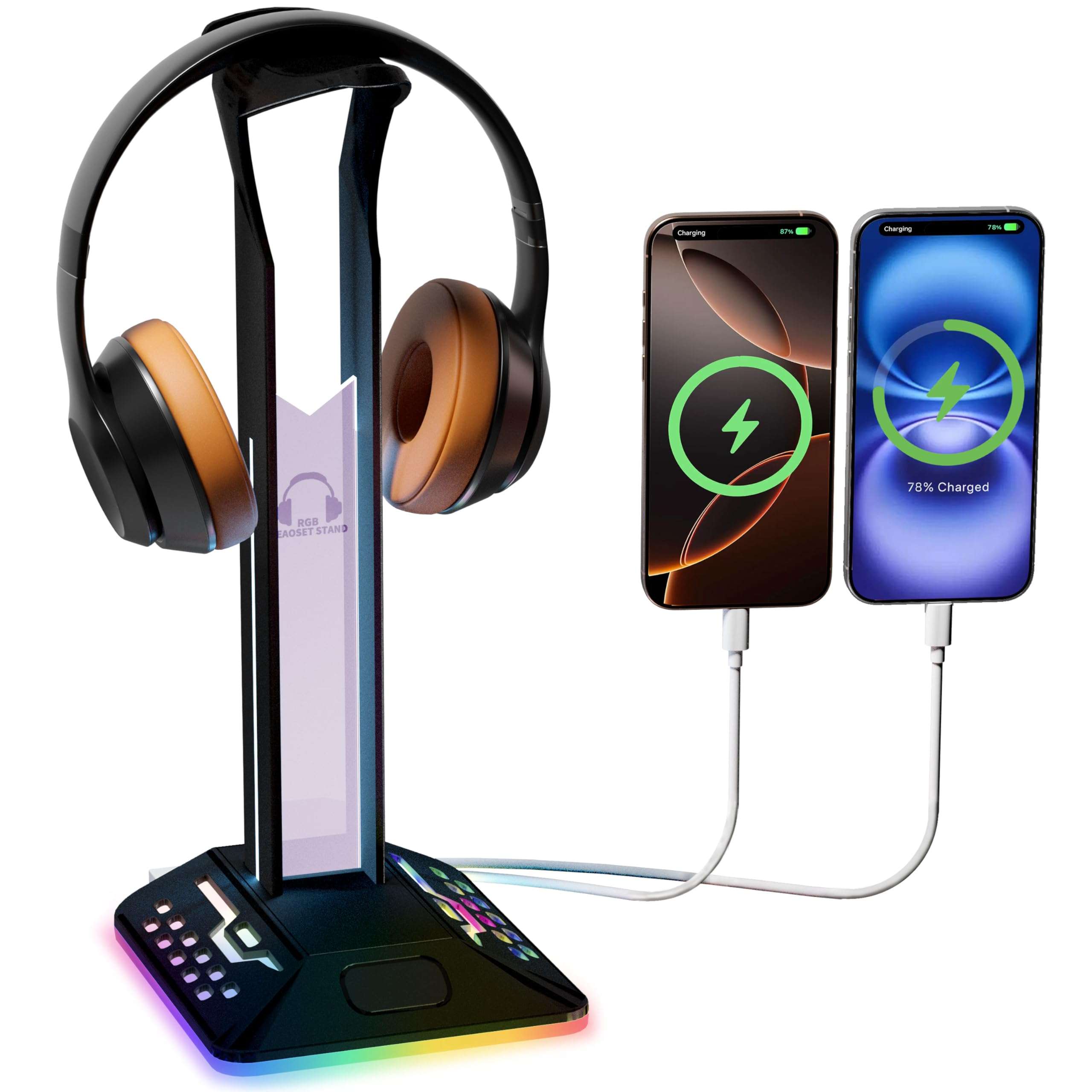 SOURCELLL RGB Headphone Stand with 2 USB 2.0 Extension Charging Port Extender Cord,Desk Gaming Headset Holder,Cool LED Headphone Holder PC Gaming Accessories,Gamer Gifts 1