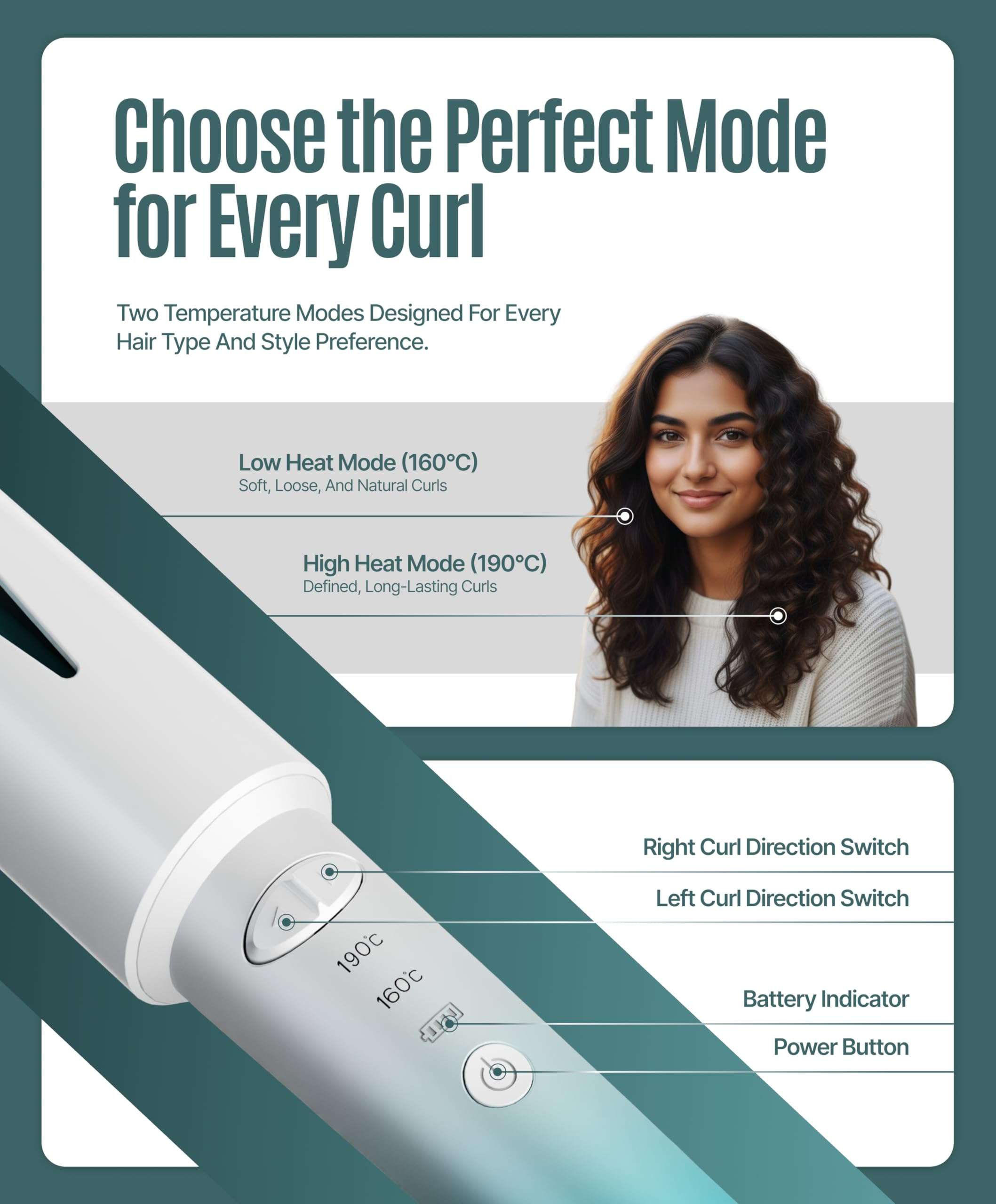 OWNAIR Automatic Hair Curler for Women | Cordless Hair Curler Machine – Dual Modes (Left/Right), 2 Temp Settings (160°C & 190°C), 4200mAh USB-C Rechargeable Iron with 360° Swivel Barrel 6