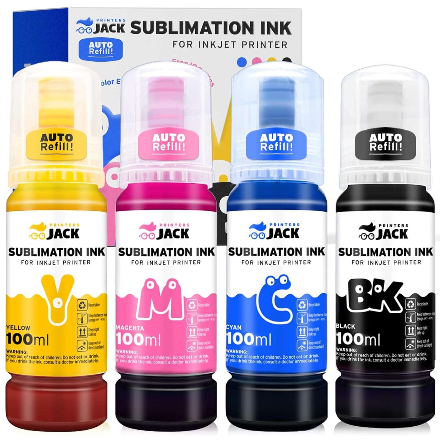 Printers Jack 4x100ml Sublimation Ink Auto Refill for Supertank Printers ET2800 ET15000 ET-2720 ET-4700 ET-2760 ET-3760 ET-4760 ET-2700 ET-2750 ET-4750 L3110 L3150 /Upgrade Version/Free ICC Printing 1