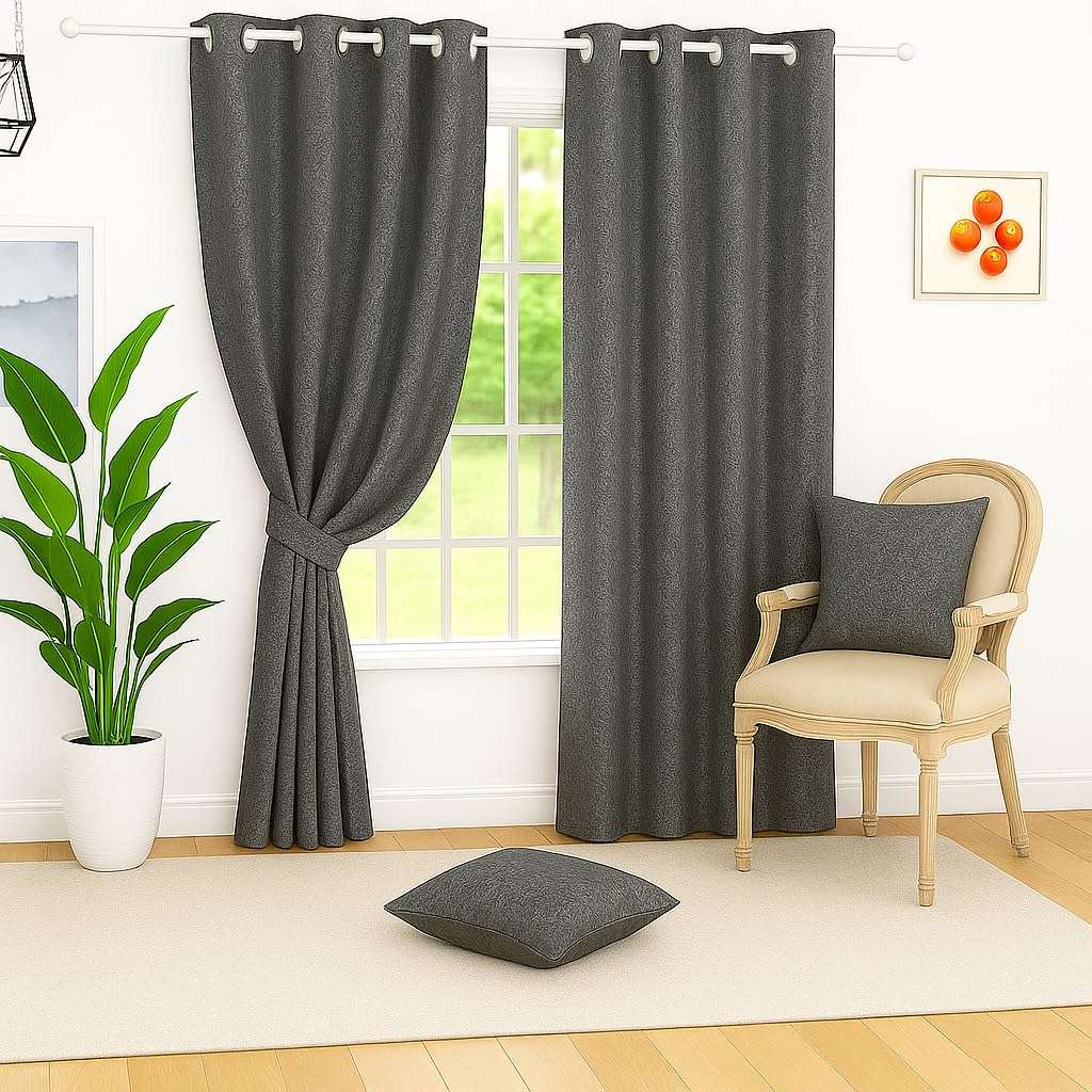 Selection House 7x4 Feet Faux Silk Blackout Curtains Set of 2 |Noise Reduced and Fade Resistant Curtains | Floral Jacquard Design Room Drapes for Bedroom Living Room Windows Door (Dark Grey) 3