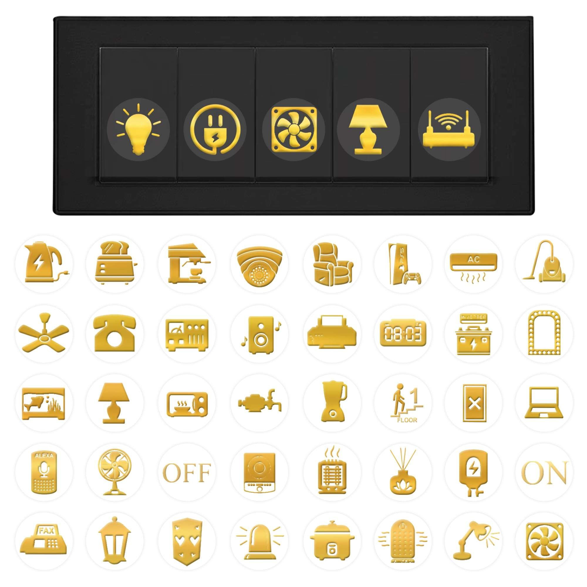 GLUN® Royal Gold 600 Vinyl Switchboard Stickers | 60+ Luxury Embossed Finish Icons for Fan, Light, AC & Home Switch Buttons