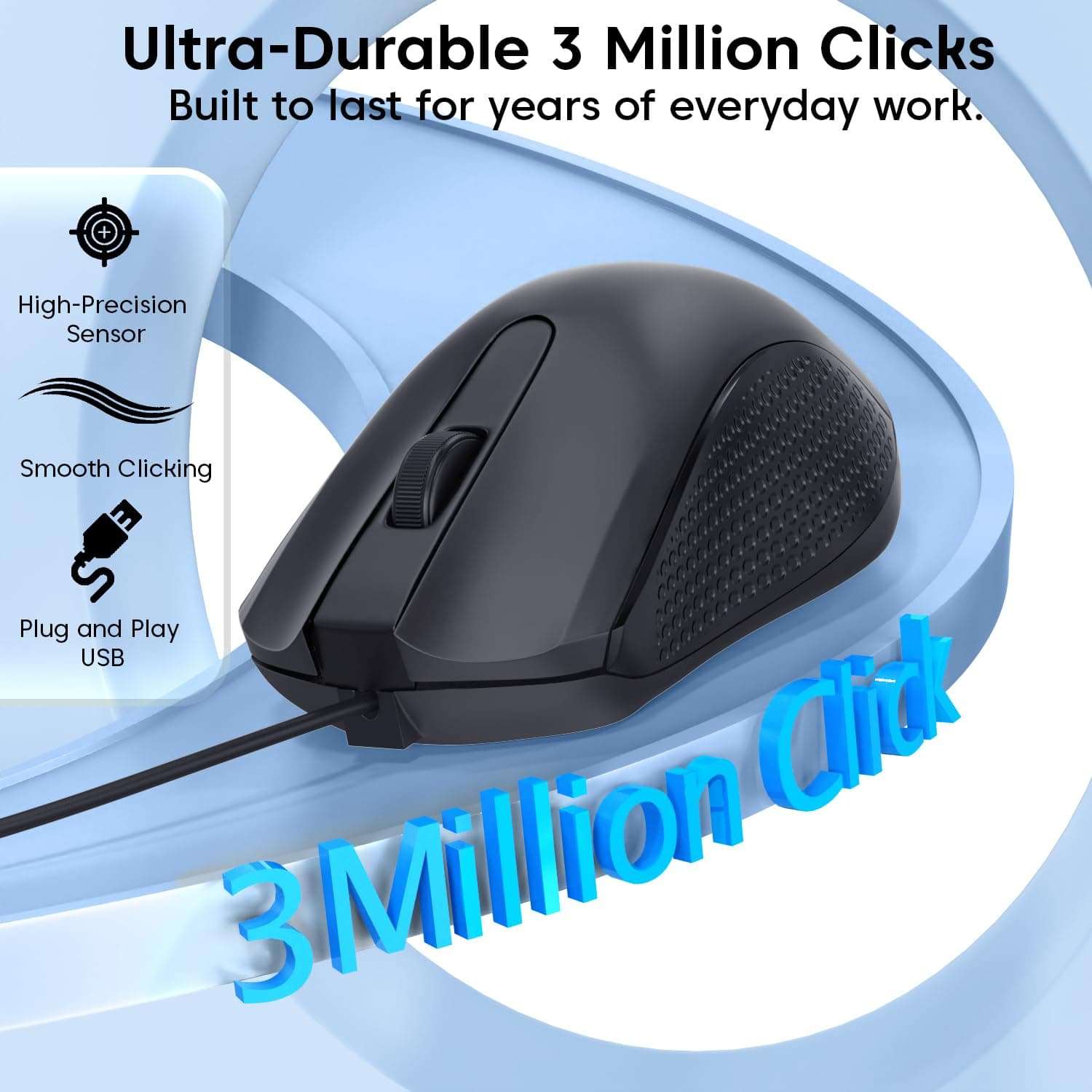 Sounce Pixel Wired Mouse with 1200 DPI Optical Sensor, USB Plug & Play, 1.25M Cable, Smooth Control, 50 Lakh Click Life for Laptop, Desktop & PC (Black) 4