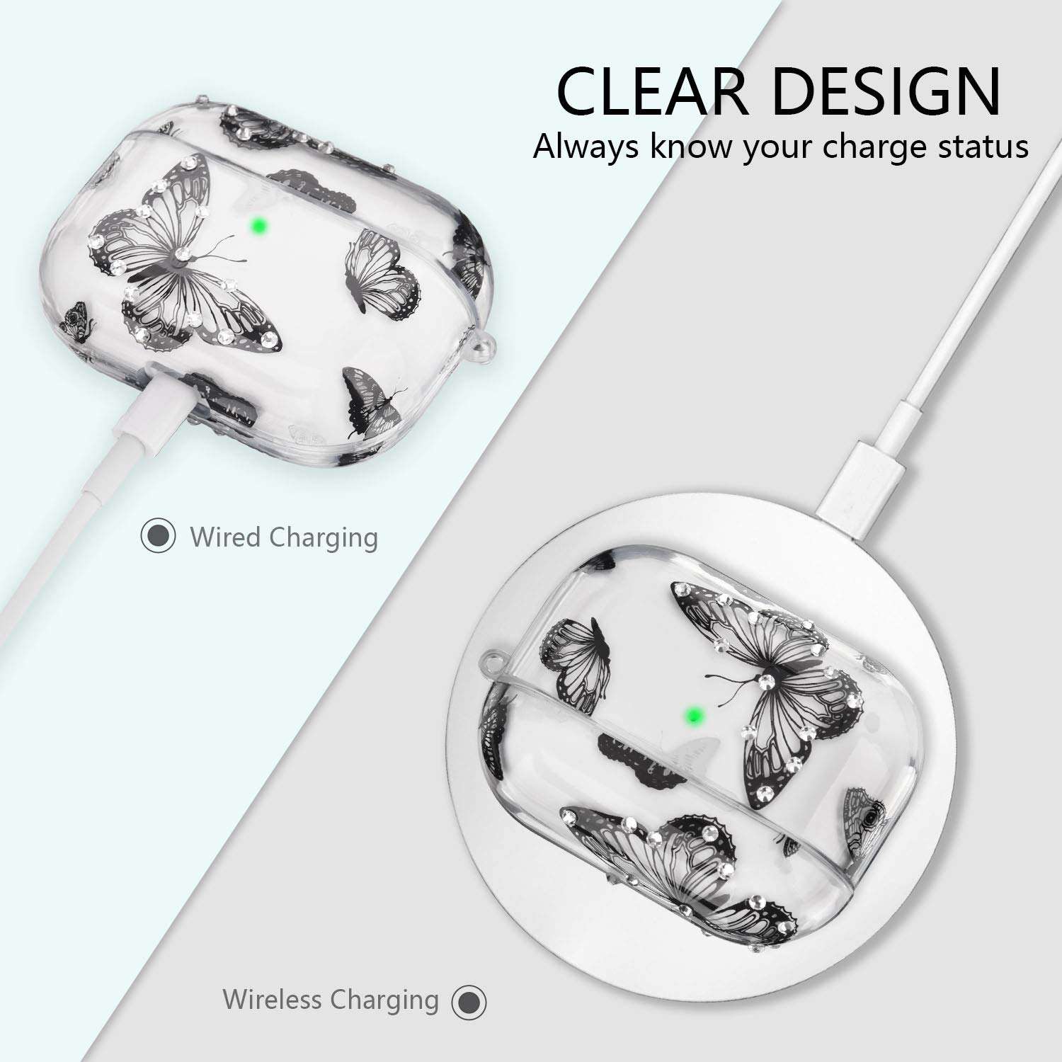 QINGQING AirPods Pro Case Cover, Clear Cute Crystal Design Skin Shockproof Protective Transparent TPU Case for Apple Airpod Pro 2019 with Keychain (Butterfly) 5