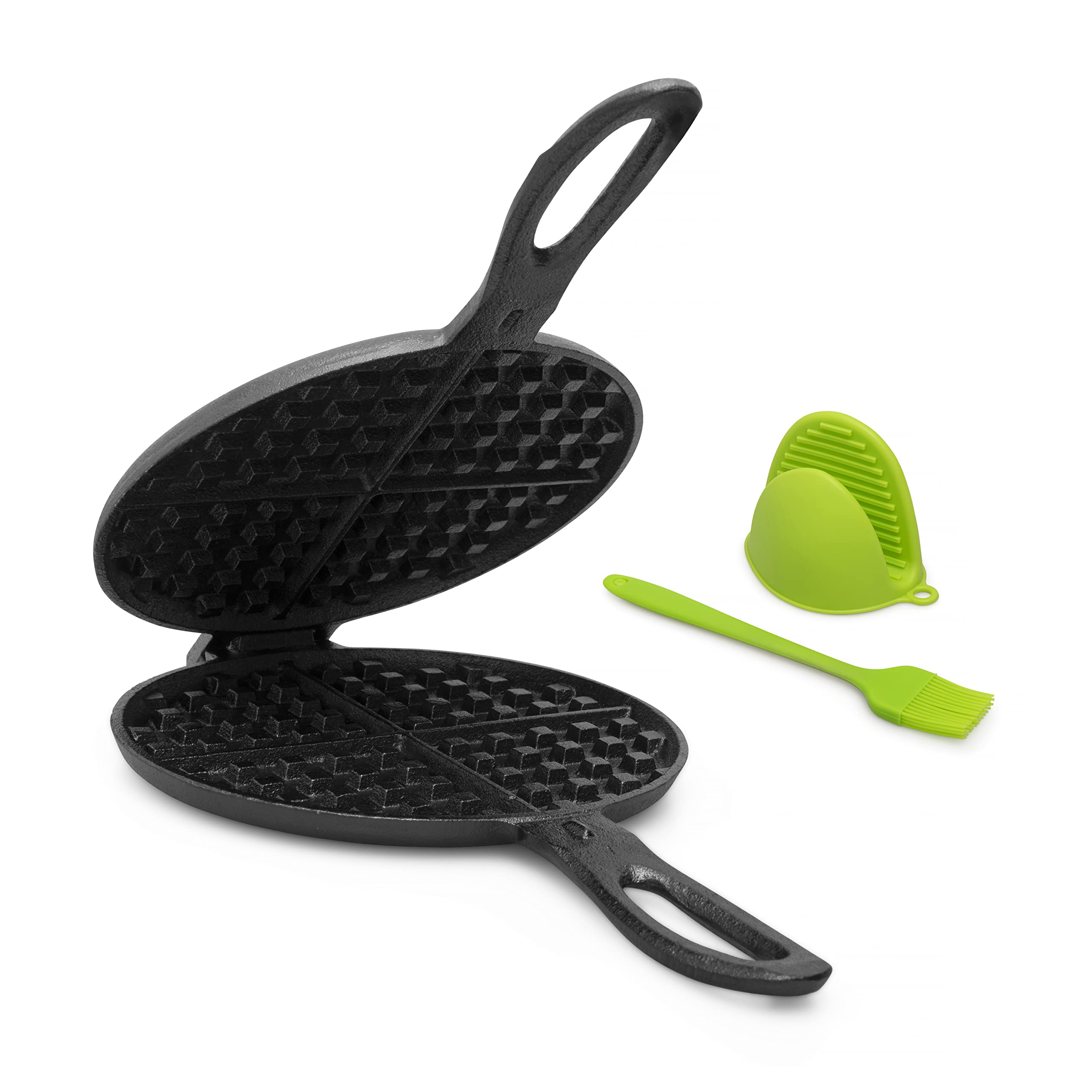 Cast Iron Waffle Maker - 6.8" Stovetop Waffle Iron Cookware, Portable Camping Breakfast Pan - Complete with Silicone Brush and Grabber 1