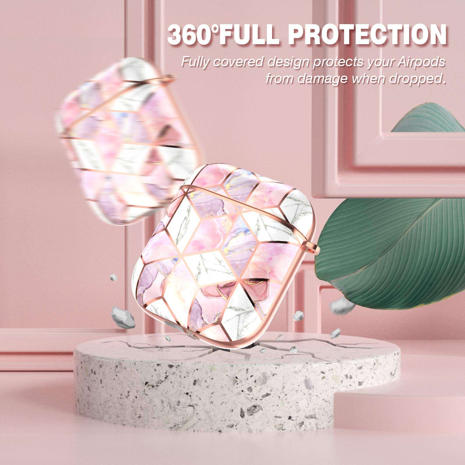Hasaky Case for AirPods Case Cover, Girls/Woman/Men/Boys Portable (with Keychain) Cute Rose Gold Marble Series Hard Shockproof Anti-Scratch Protective Case for Apple AirPods 1st/2nd -Pink Marble. 3