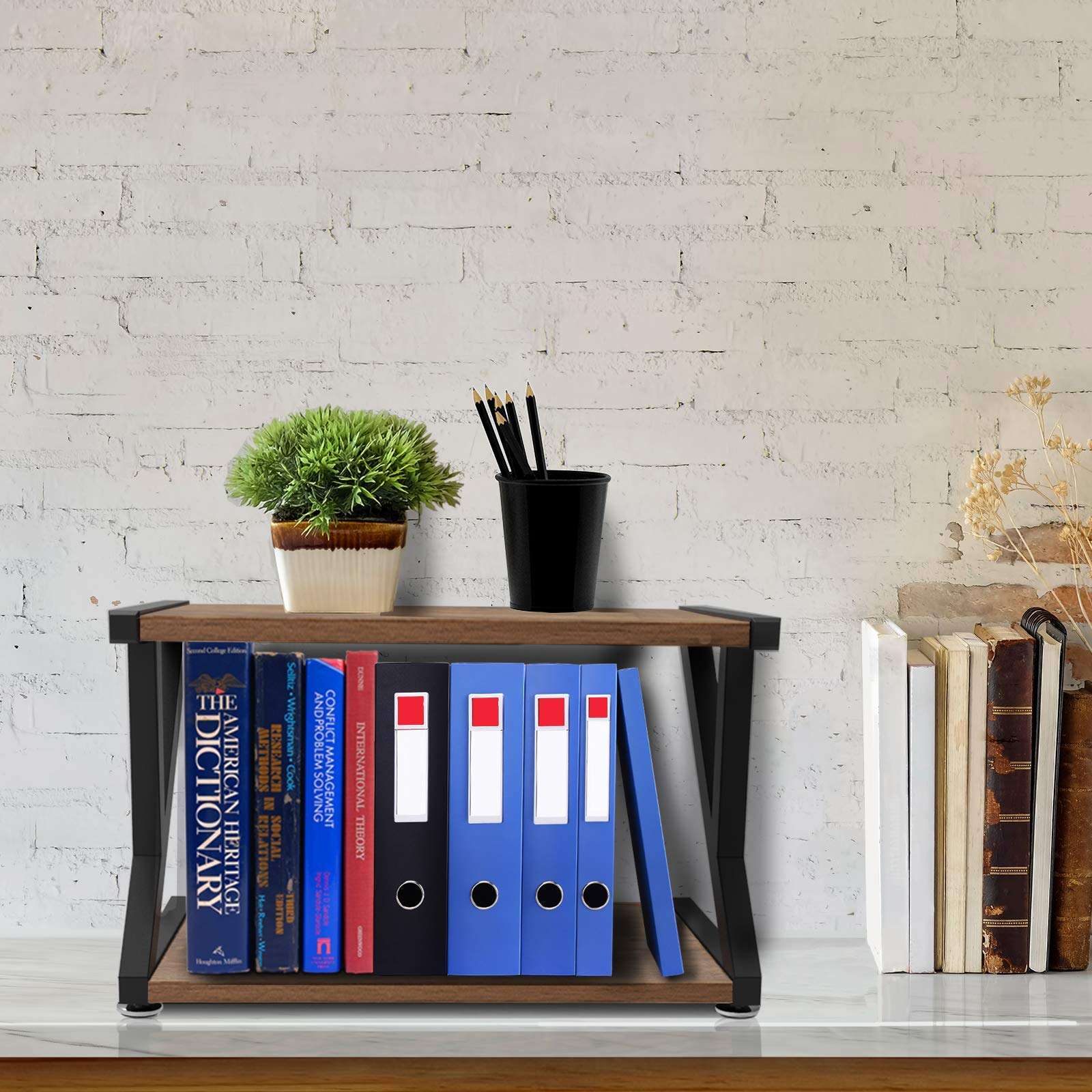 Desktop Printer Stand with 2 Tier Wood Storage Shelves, Rustic Printer Table, Multi-Purpose Desk Organizer for Fax Machine, Scanner, Files, Home Printer Stand with Adjustable Anti-Skid Feet 5