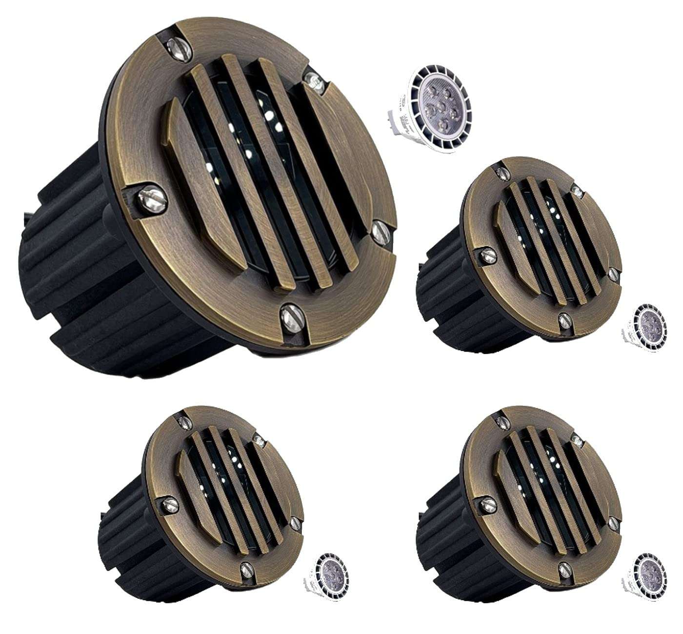LED Low Voltage Landscape Lighting Well Lights 112 - Solid Brass In Ground Lights for Outside, Long Lasting Garden 12 Volt Landscape Lighting with MR16 7W LED Bulb, Ground Spake & Connectors (4 Pack) 1