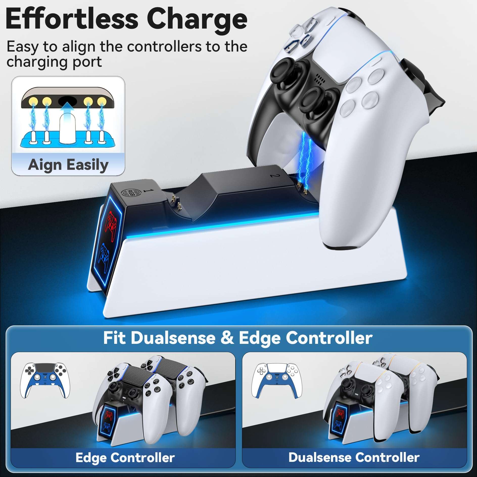 PS5 Controller Charging Station with 9 RGB LED Lights, PS5 Charger Station Compatible with PlayStation Console Skin Original & Edge Controller, PS5 Controller Accessories Charging Dock Stand 5