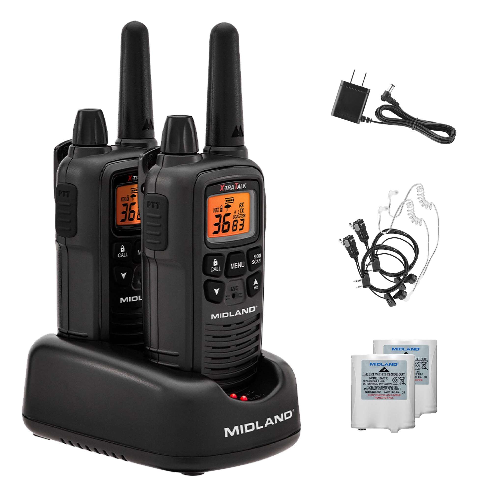 Midland LXT600BB FRS Business Walkie Talkies - Long Range 36-Channel Two-Way Radios with Headsets and Charging Base, NOAA Weather Alerts(2-Pack, Black) 1