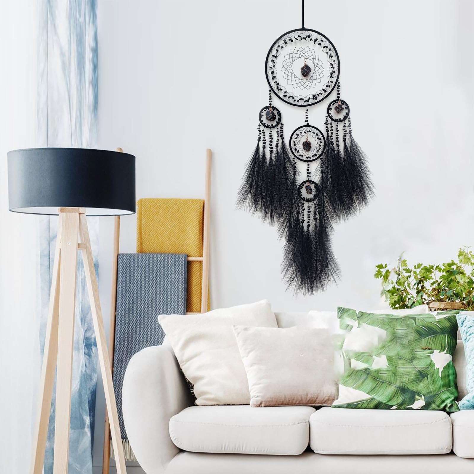 RAGKUU Black Large Dream Catcher Wall Decor Pampas Grass Dream Catchers with Stone Pendant Handmade Dreamcatcher Wall Hanging Ornament Art Craft for Bedroom Living Room Home Decor 6