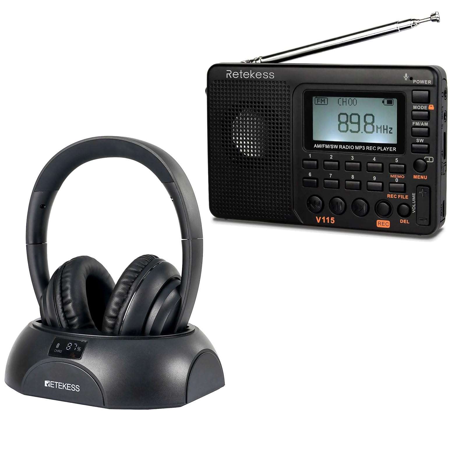 Retekess V115 Digital Radio AM FM Bundle with Retekess TA006 TV Headphones Wireless for Seniors, Support Optical, Coaxial, AUX, RCA, TV Headphones with Charging Dock