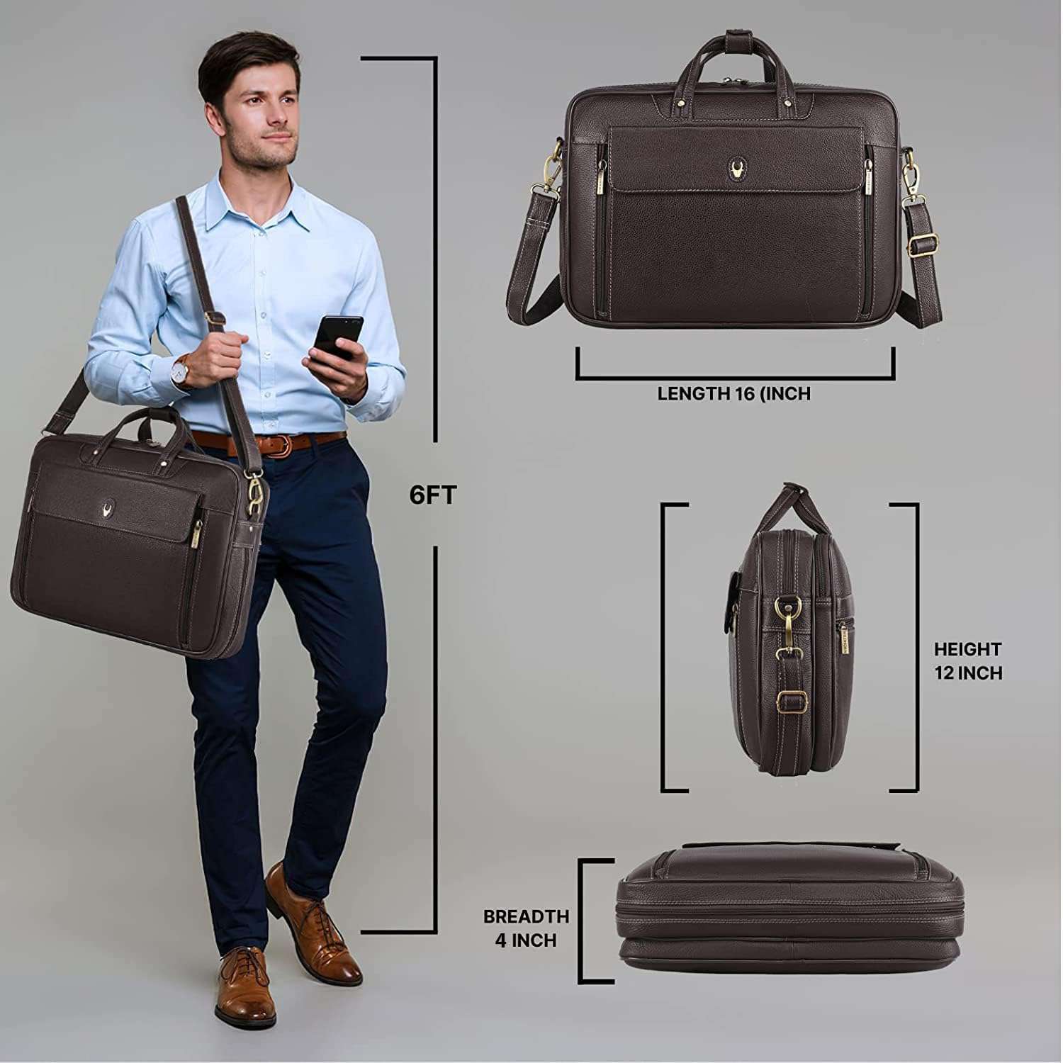 WildHorn Leather Laptop Messenger Bag for Men I Fits Upto 15.6 Inch Laptop/MacBook I Padded Laptop Compartment I Carry Handles with Adjustable Strap I DIMENSION : L-16 inch W-4 inch H-12 inch 3