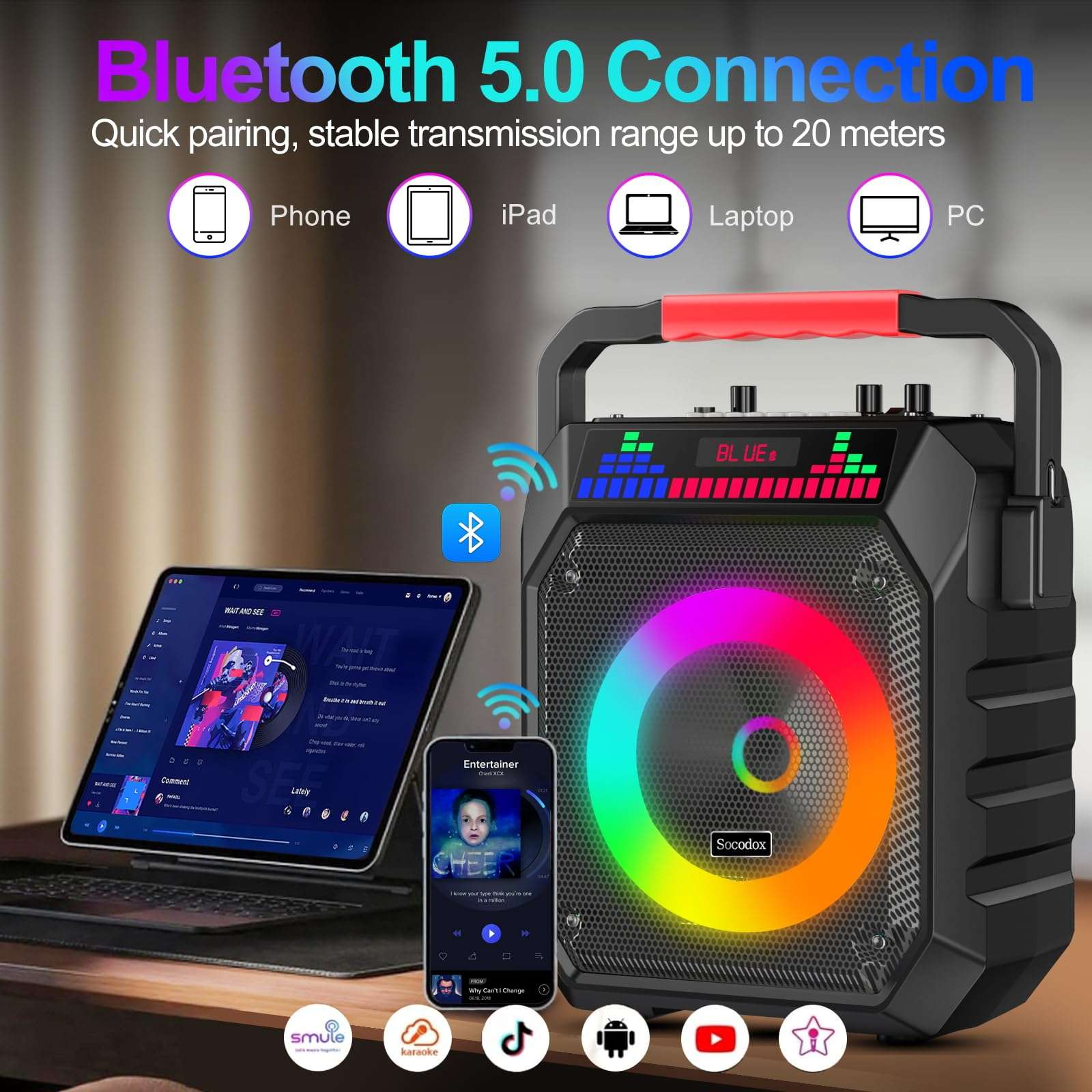 Karaoke Machine for Adults & Kids, Portable Bluetooth Speaker with 2 Wireless Microphones and RGB Lights, Home Karaoke PA System Supports Bluetooth/USB/TF/AUX for Family Party & Outdoor Fun 3