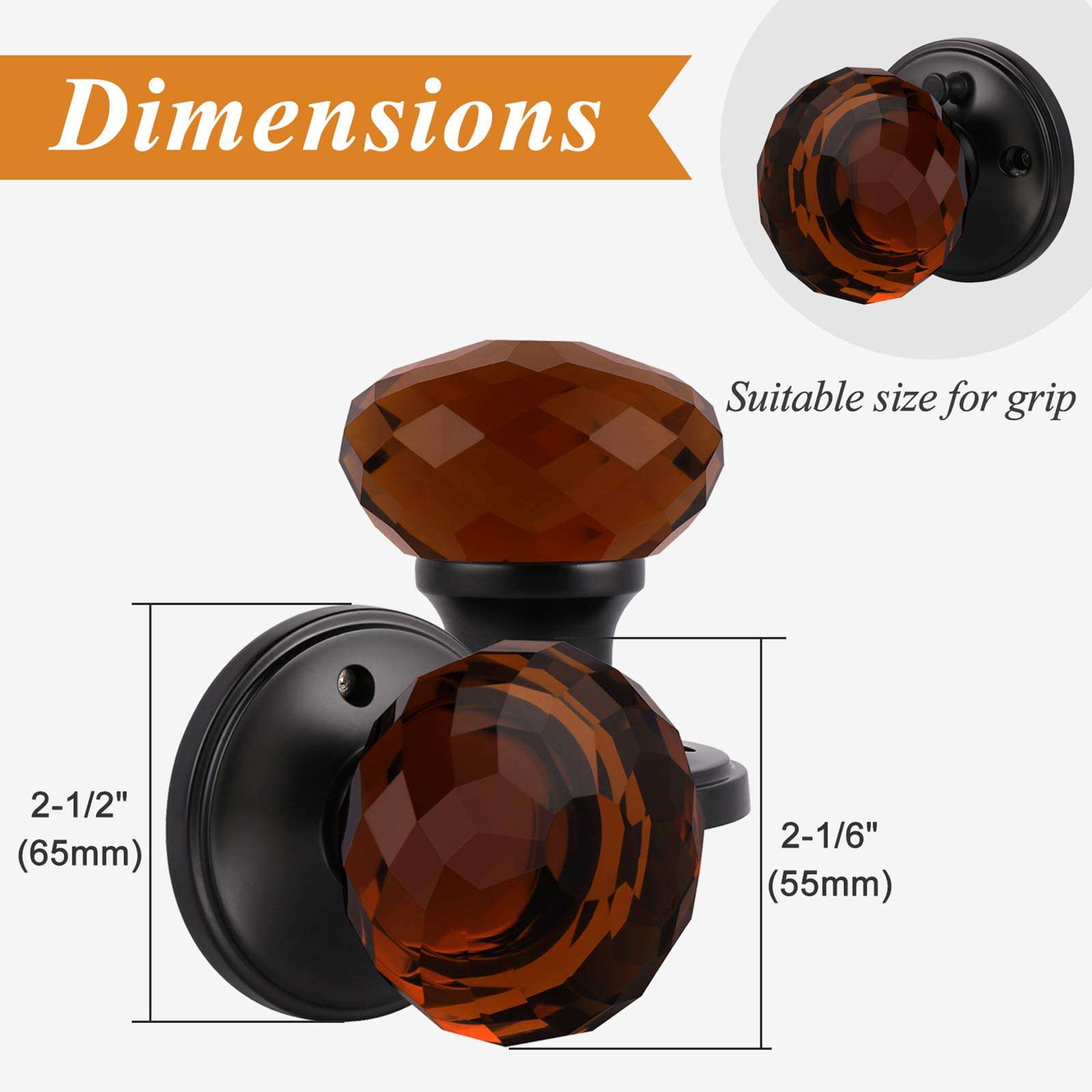Probrico Privacy Door Knob with Lock for Bedroom and Bathroom 1 Pack, Keyless Crystal Door Knobs Interior, Heavy Duty Glass Door Knobs with Black Round Rosette 6