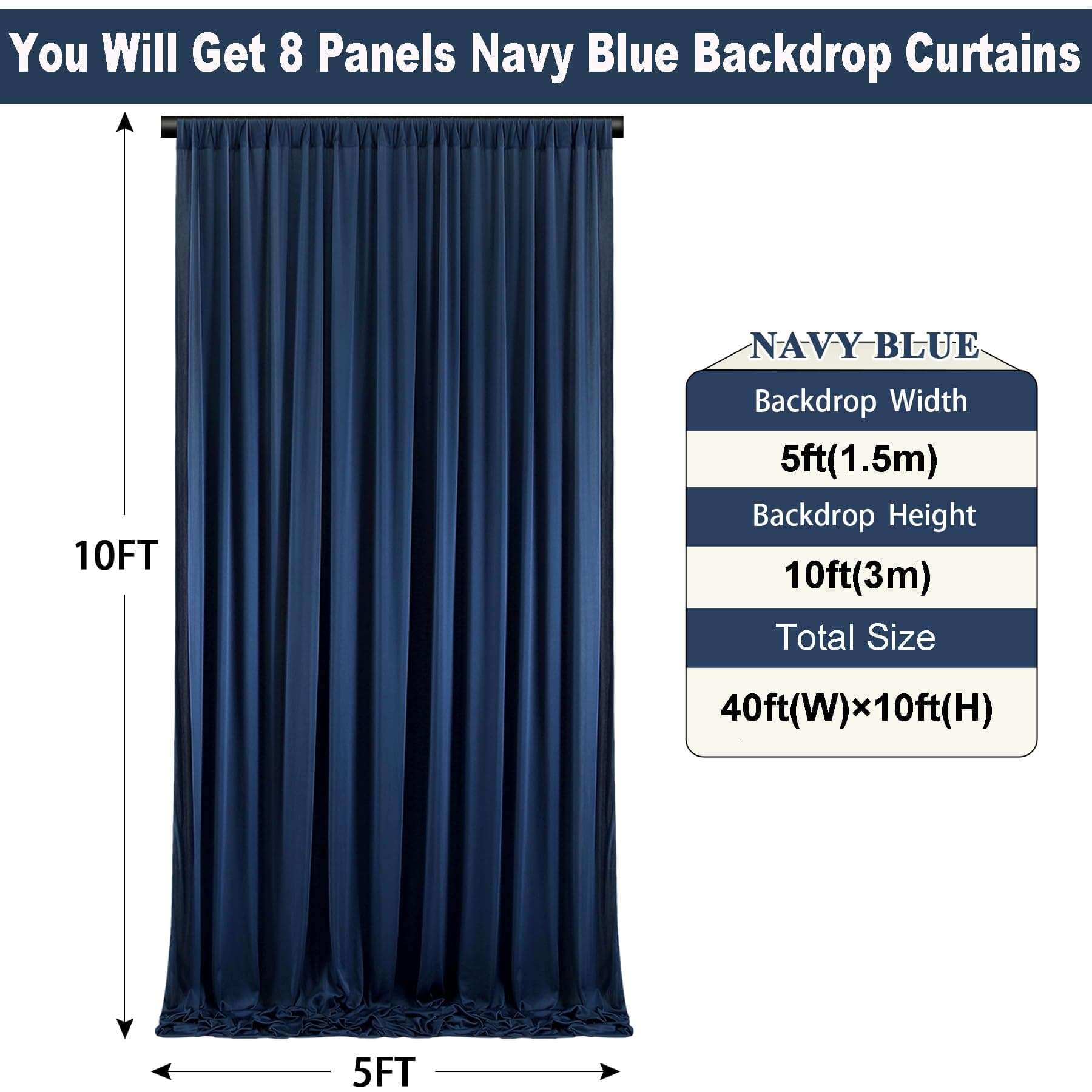 40ft×10ft Navy Blue Wrinkle Free Backdrop Curtains for Parties, 8 Panels 5×10ft Thick Silky Polyester Navy Photo Backdrop Drapes Curtains for Graduation Party Birthday Baby Shower Wedding Photography 5