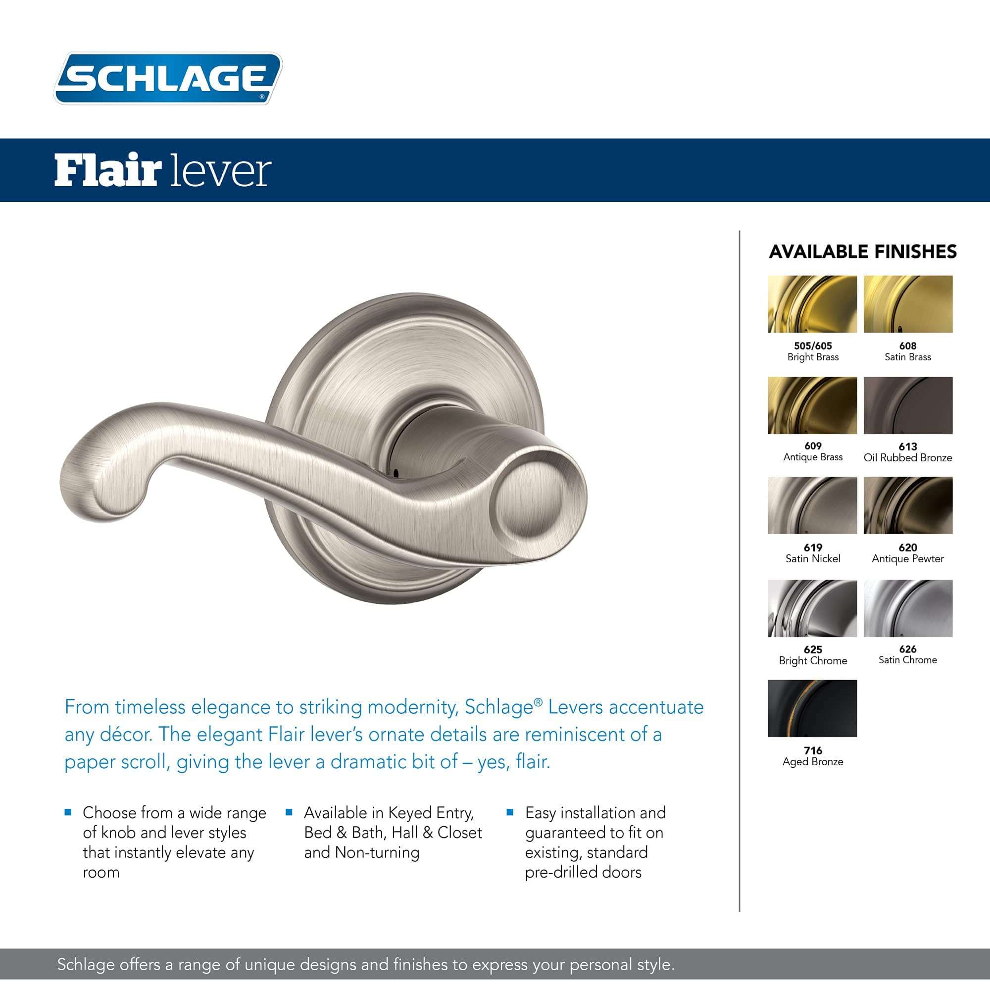 Schlage F170 FLA 605 RH Right Handed Flair Door Lever, One Sided Non-Turning Dummy Door Handle, Bright Brass 2