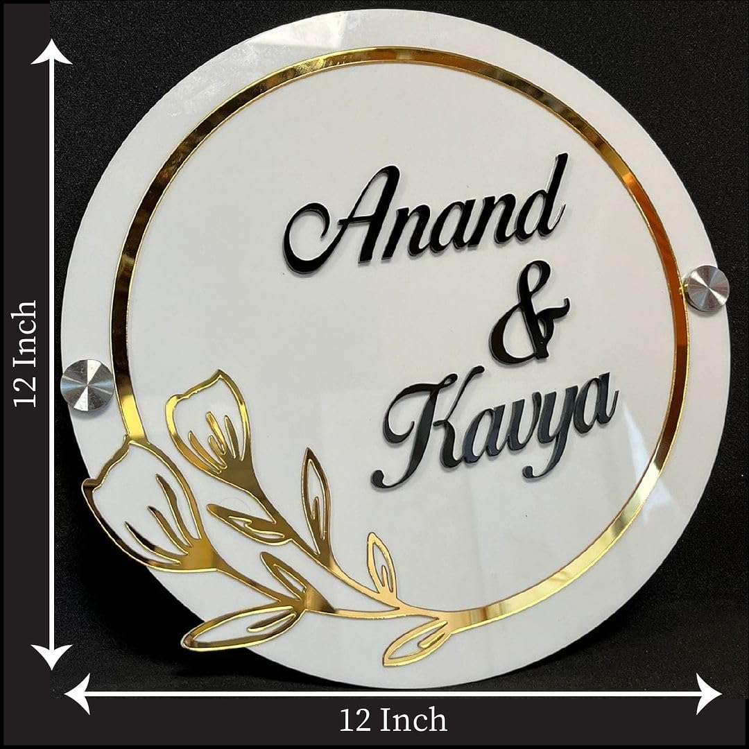CHELNA Customized Acrylic Floral Pattern with Ring Laser Cut Nameplate with Stainless Studs for Door Entrance (White) (12inchX12inch) 6