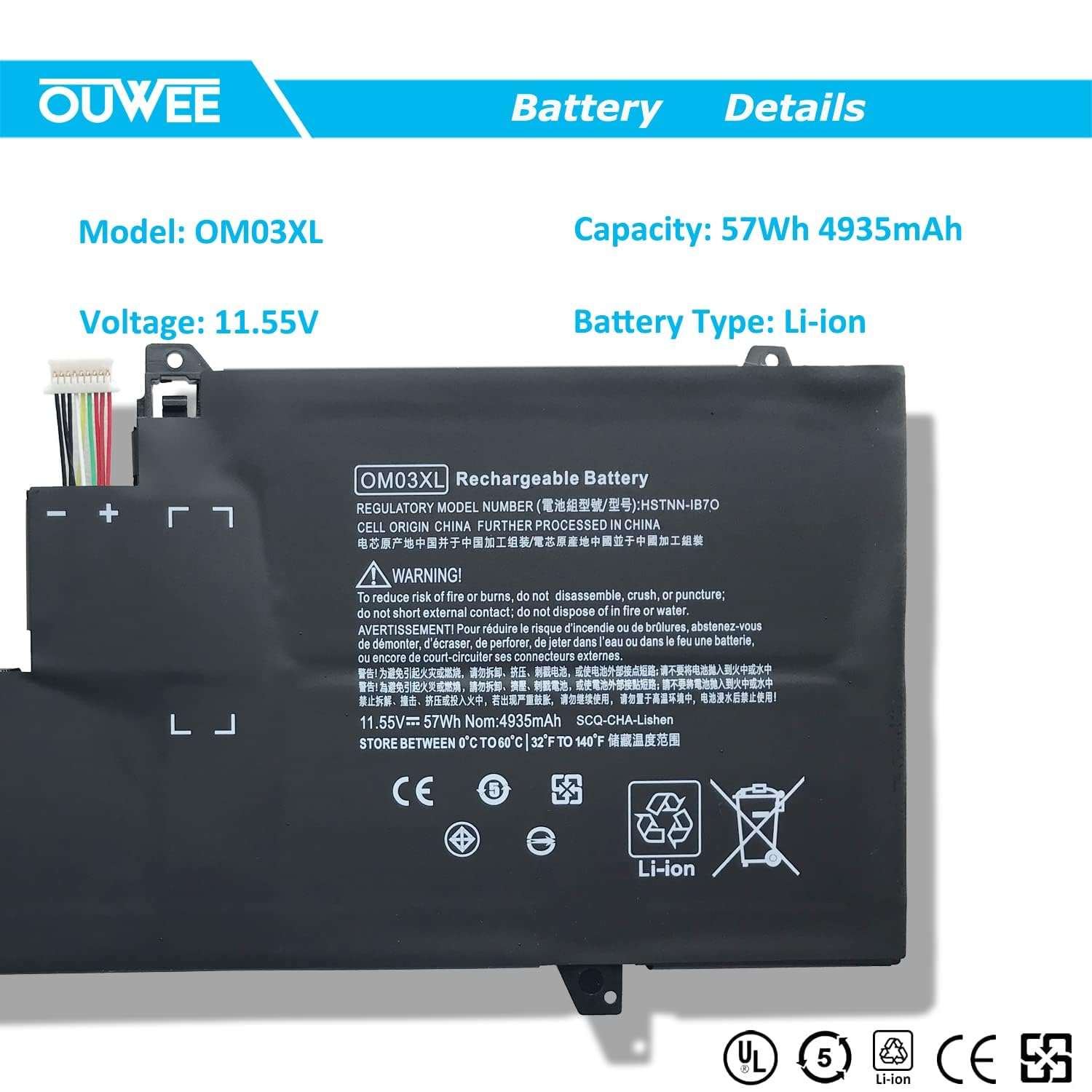 OUWEE OM03XL Laptop Battery Compatible with HP EliteBook x360 1030 G2 Series 863167-1B1 863280-855 HSN-I04C HSTNN-IB70 HSTNN-IB7O 11.55V 57Wh 4935mAh（Shape-A） 3