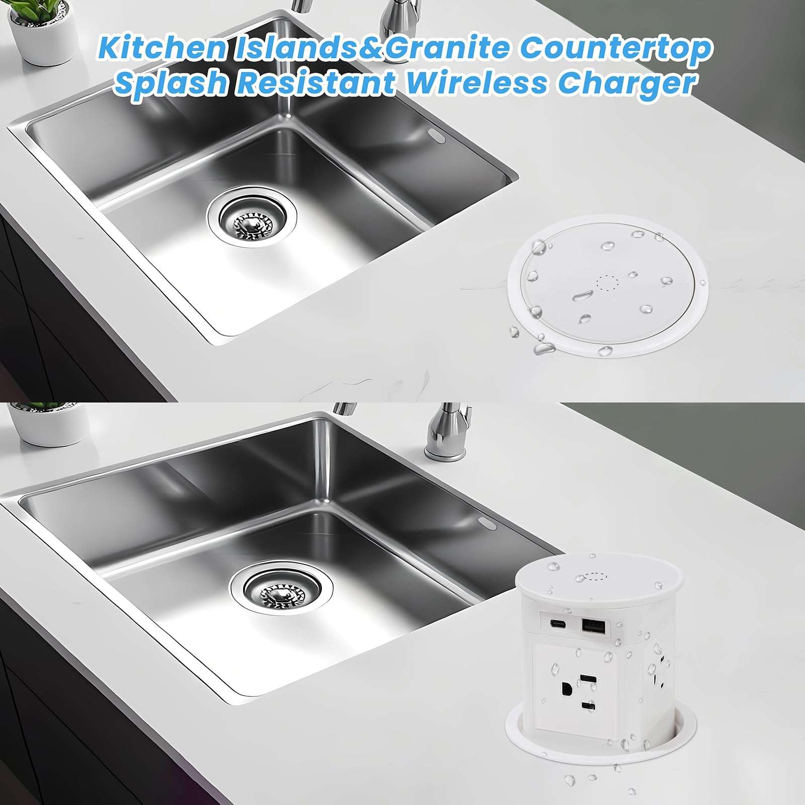 Pop Up Outlet for Countertop, 15W Wireless Charger, 4 Outlets, 1 PD20W USB-C, 1 QC18W USB-A, 3.94 in Desk Hole Power Grommet 5