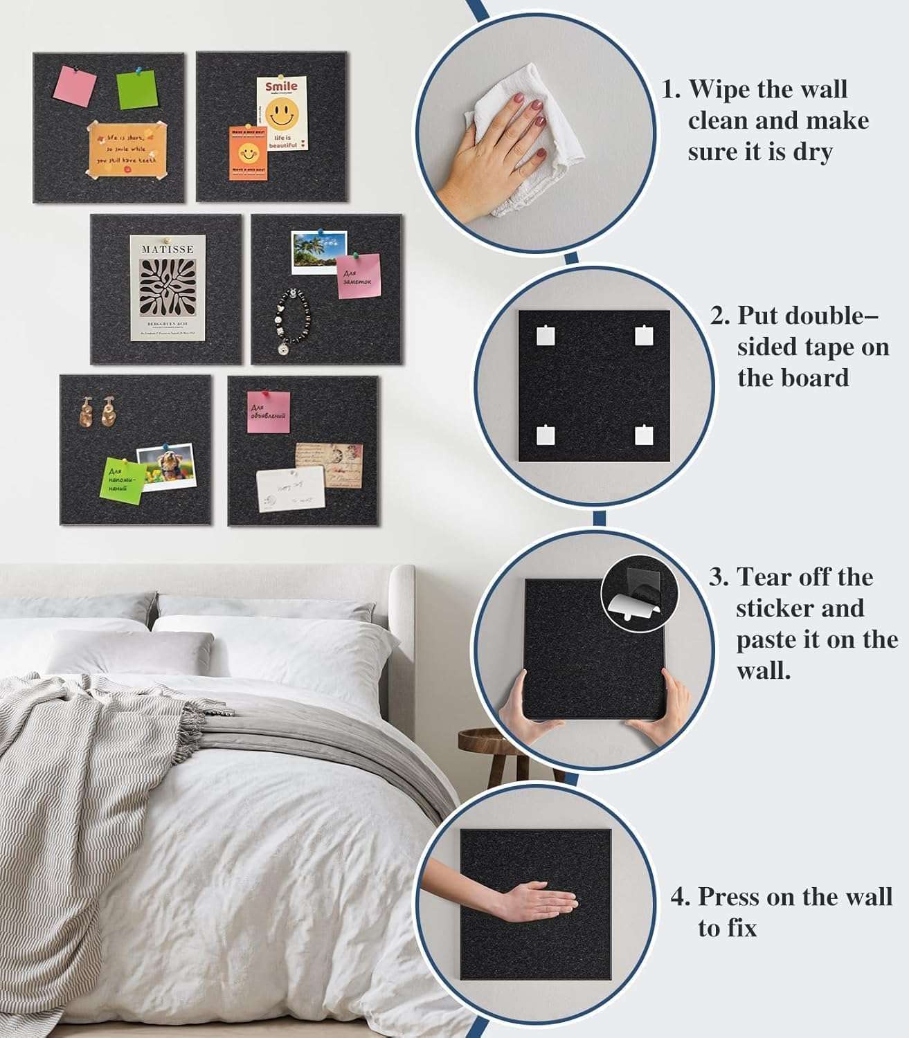 BOGOTA 6Pcs Black Felt Bulletin Board Self-Adhesive Wall Boards with 50pcs Drawing Pins Notice Board for Home Vision Board for Manifestation Pin Board for Study Room Bulletin Board Office Accessories 5