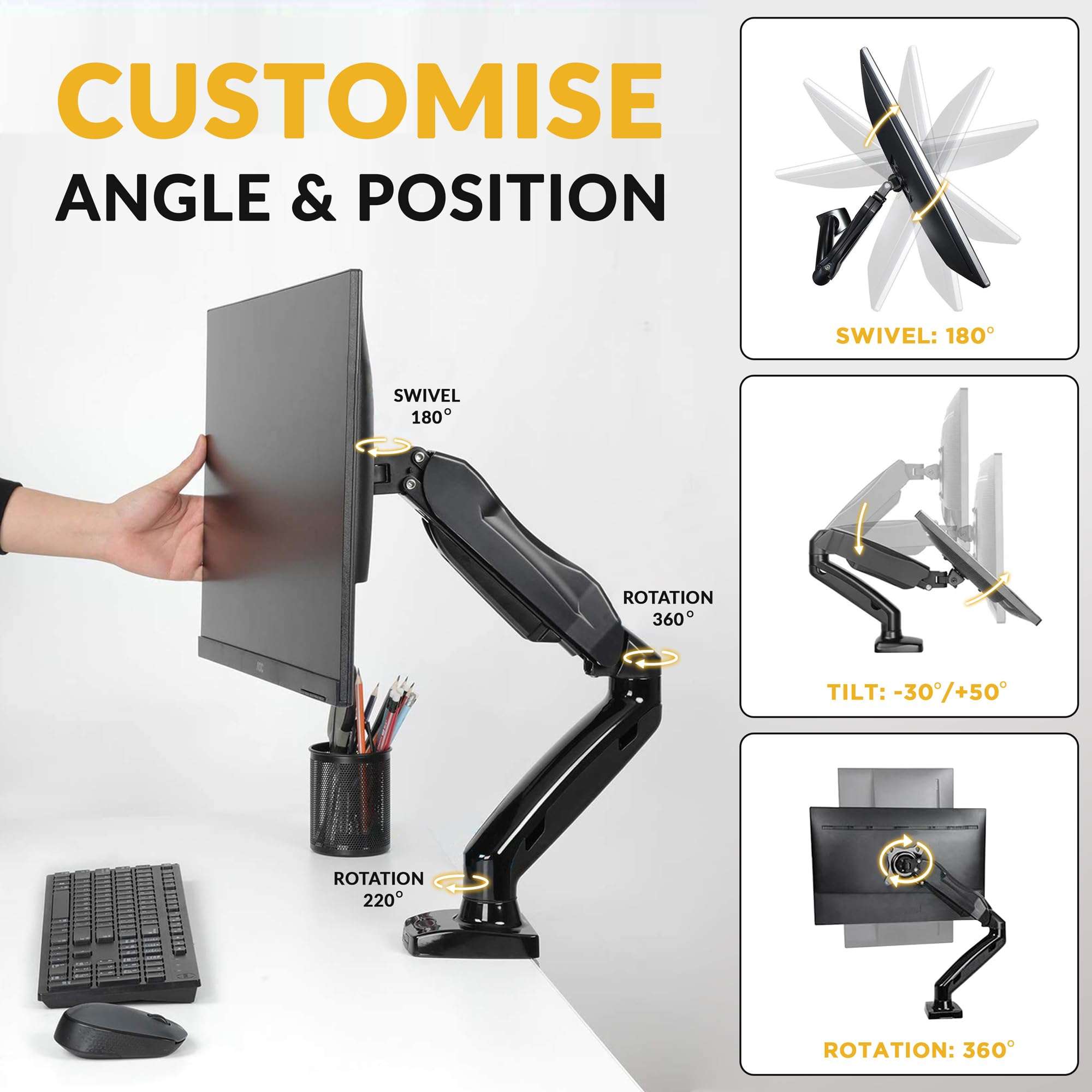 SUPRHOME Monitor Stand With 360° Rotation (One-Year Warranty) Gaming Room Setup | Monitor Arm Desk Mount With Gas Spring Technology | Riser Stand For Desk | Organize & Elevate Your Workspace 3