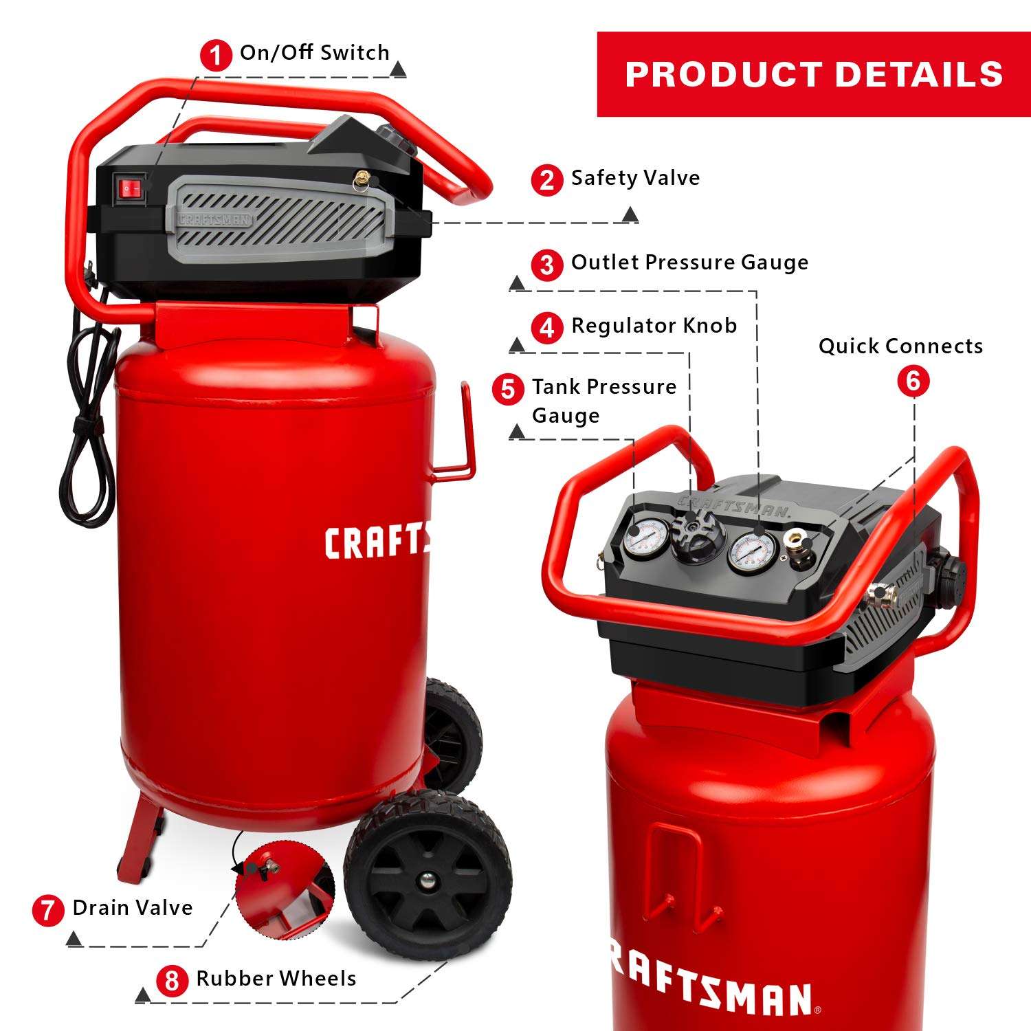 CRAFTSMAN Air Compressor, 20 Gallon, 1.8 HP, Oil-Free Air Tools, Red & Flexzilla Air Hose, 3/8 in. x 50 ft, 1/4 in. MNPT Fittings, Heavy Duty, Lightweight, Hybrid, ZillaGreen - HFZ3850YW2 4