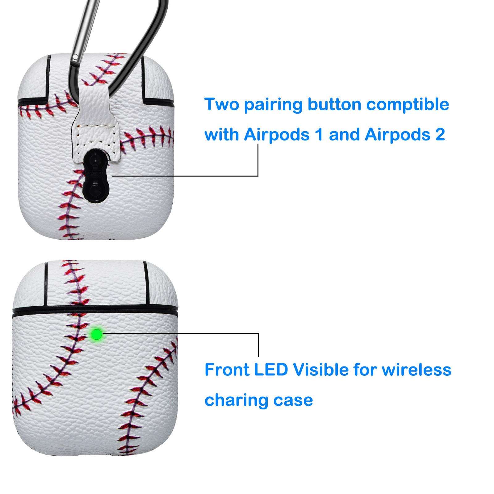 Tekcoo AirPods Case, [Front LED Visible] AirPods Accessories Cover Compatible with Apple Airpods 1 & AirPods 2 Protective PC Plastic Inner + PU Vegan Leather Pattern Skin & Keychain [Baseball] 4