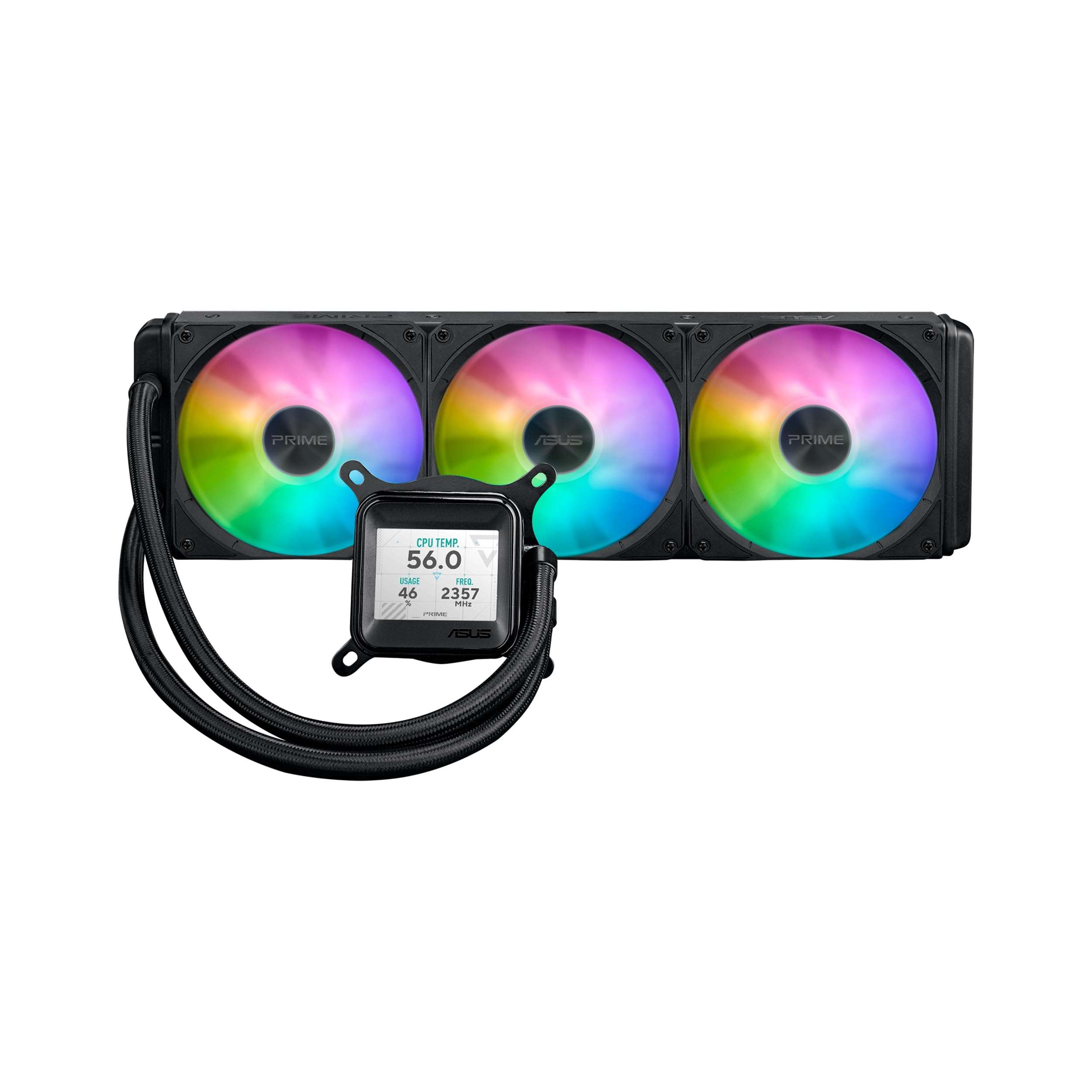ASUS Prime LC ARGB LCD All-in-one CPU Liquid Cooler with Sharp Screen showcasing CPU & GPU Information with Different Background, high-Performance Pump Armed with Robust Motor, Daisy-chainable Fans 1