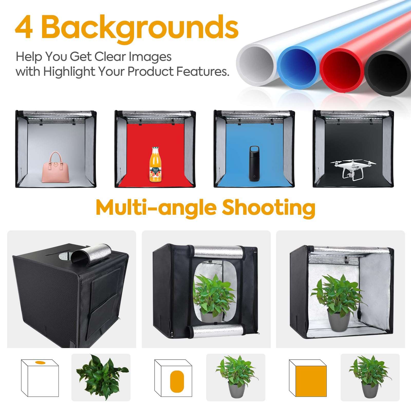 Photo Studio Box, 16x16x16 Inches Portable Foldable Photography Light Box Shooting Tent with Dimmable High CRI95+ LED Lights and 4 Backdrops for Product Photography 4