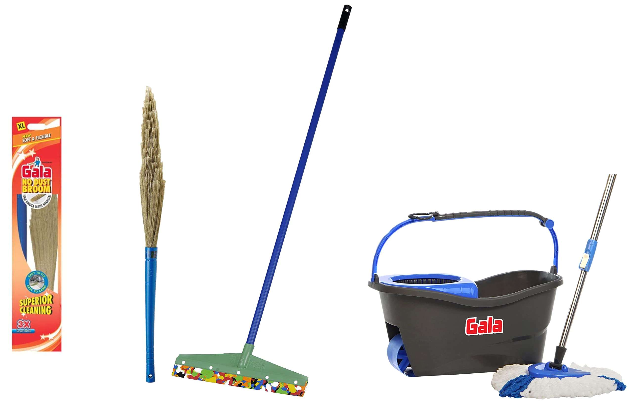 Gala Turbo Spin Mop with 2 Refills (Grey and Blue), 4 Pcs&Gala No Dust Floor Broom XL (Modular,1 Piece)&Gala Floor Wiper (Multicolour) 1