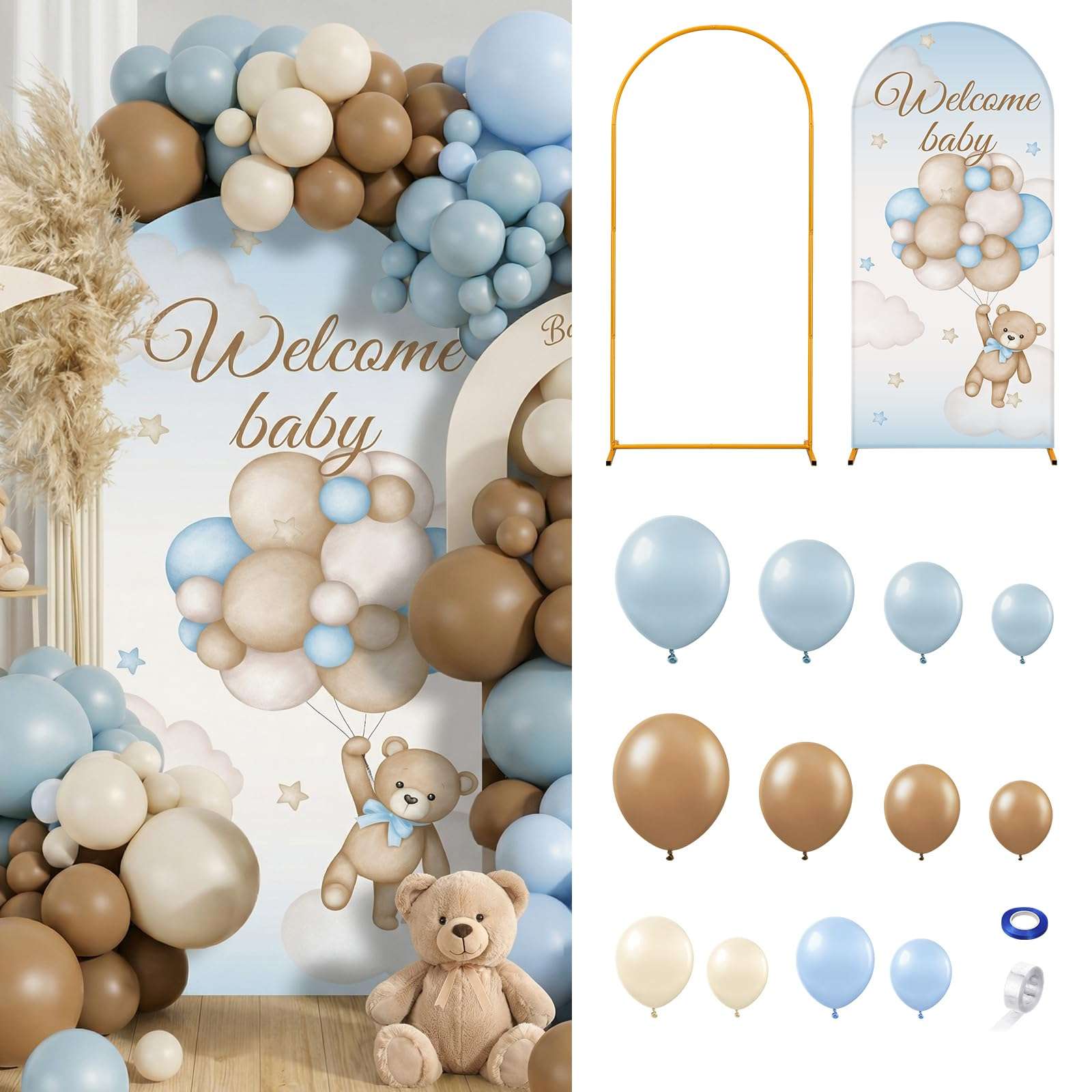 Motionchic 148 Pcs Bear Baby Shower Decorations Balloon Metal Arch Backdrop Stand and Cover Set Decor Dusty Blue and Brown Balloon Arch Kits Bear Baby Shower Gender Reveal Birthday Party Decorations 1