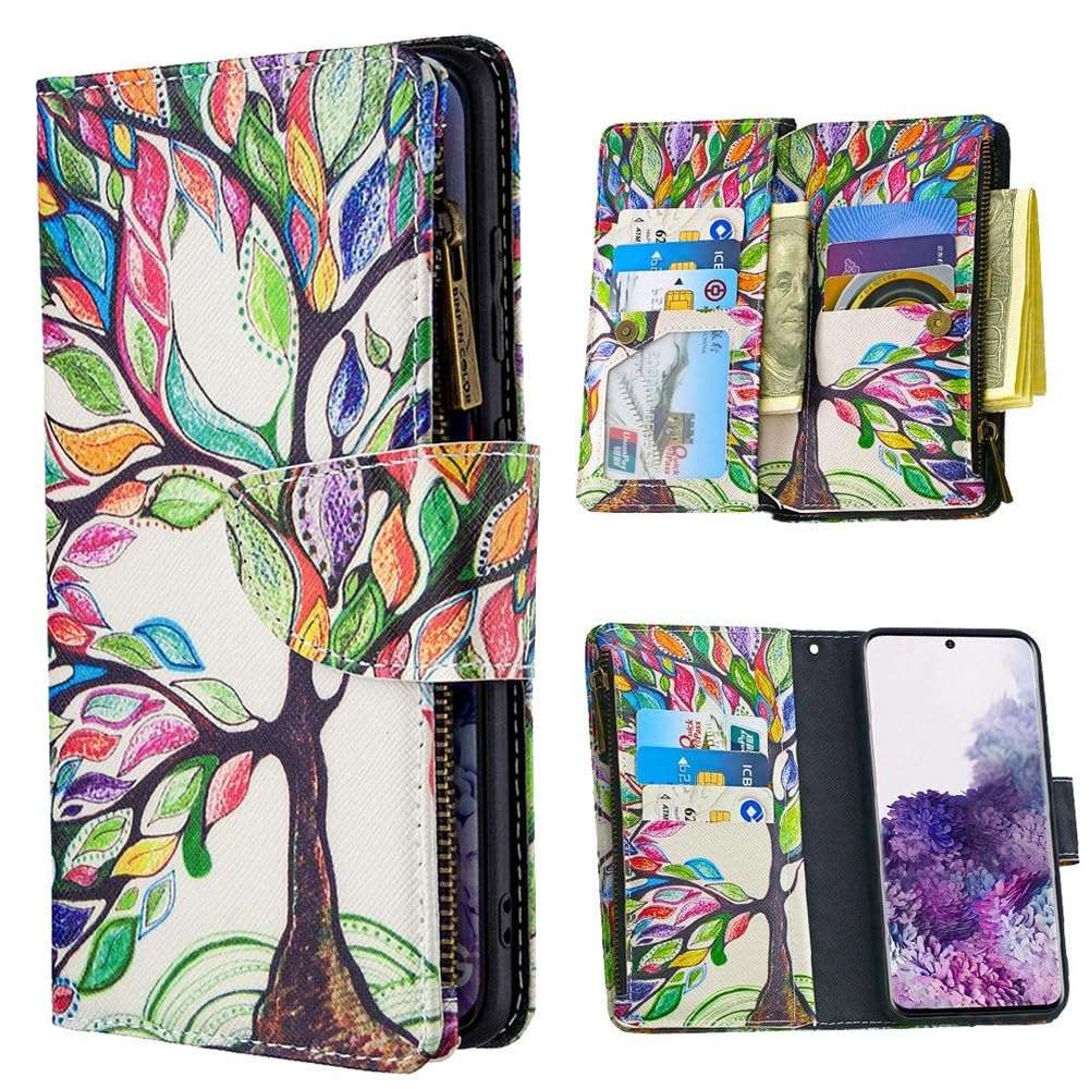 XYX Zipper Wallet Case for Samsung S20 FE, Colorful PU Leather Flip Wallet Zipper Purse Case with 9 Card Slots and Wrist Strap for Samsung S20 FE 5G 6.5 Inch, life Tree 1