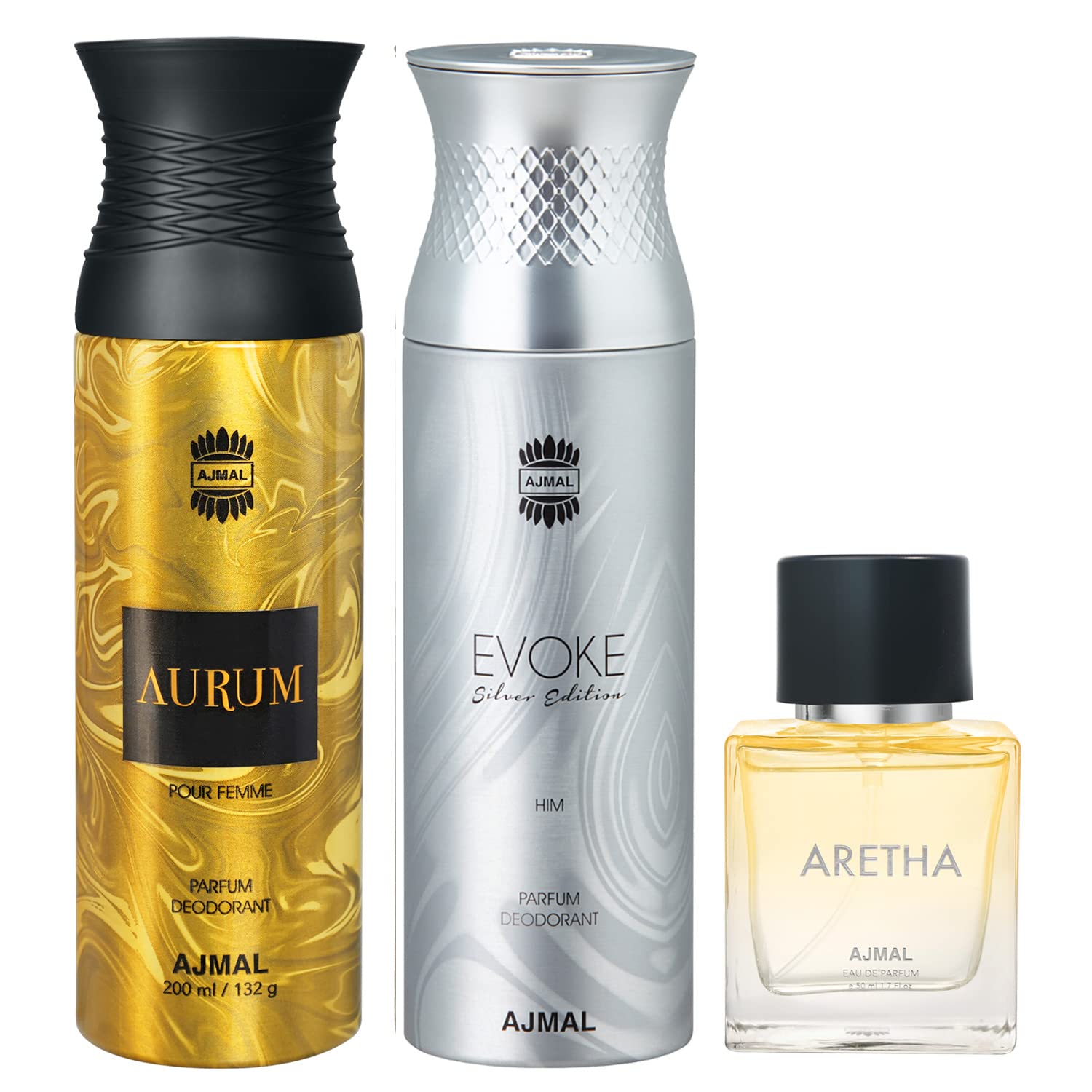 Ajmal EvokeSilverHim & Aurum Deodorants Gift For Men & Women each 200 ml and Aretha EDP 50 ml for Women (450 ml, Pack of 3) + 2 Perfume Testers